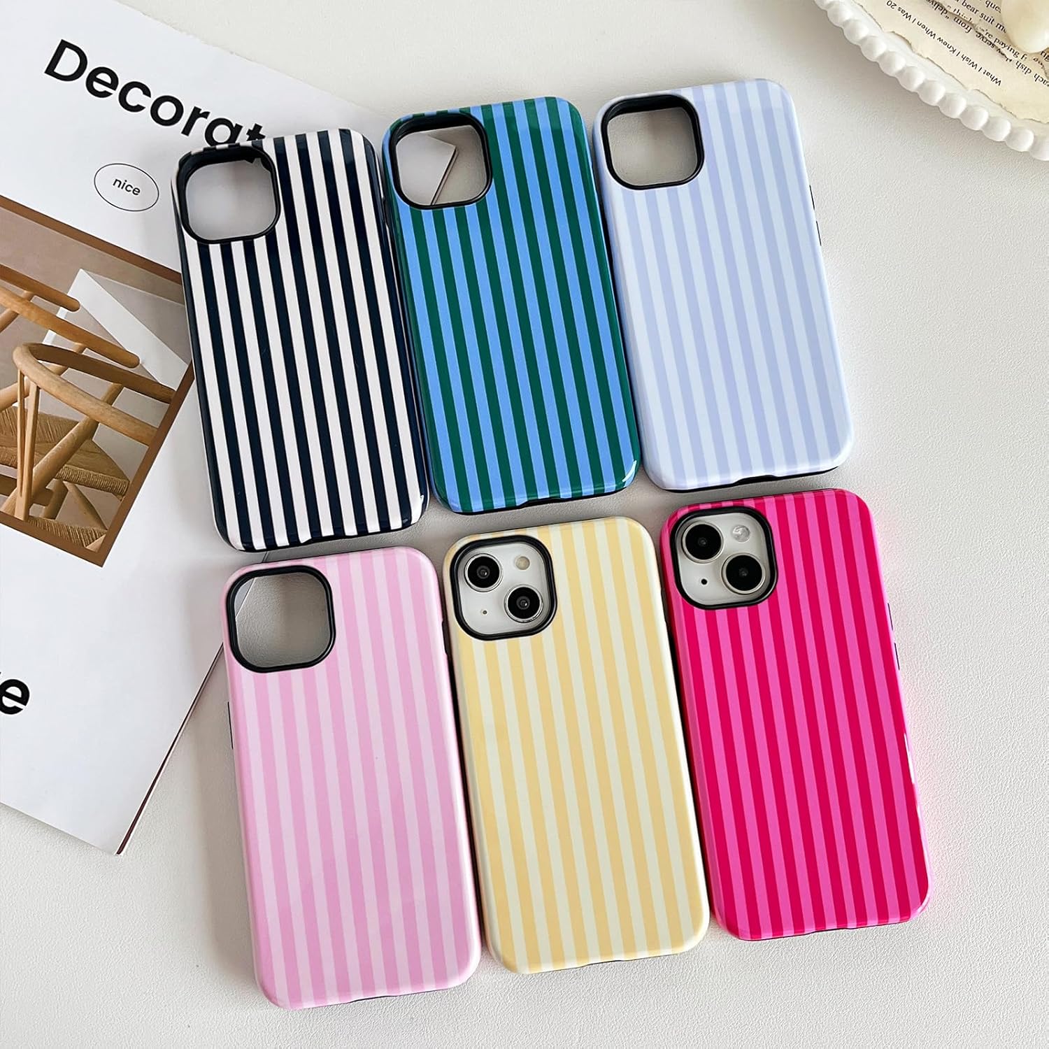 Thumbnail 1 de CHEDEMK iPhone 13/14 Case - Cute Pink Striped Pattern, Shockproof TPU + PC