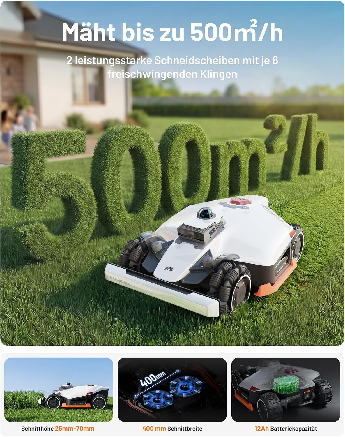 Detalle de MAMMOTION LUBA 3 AWD 1500 Mähroboter mit 360° LiDAR, KI und Mähwerk-Waschstand (AWD bis 80% Steigung)