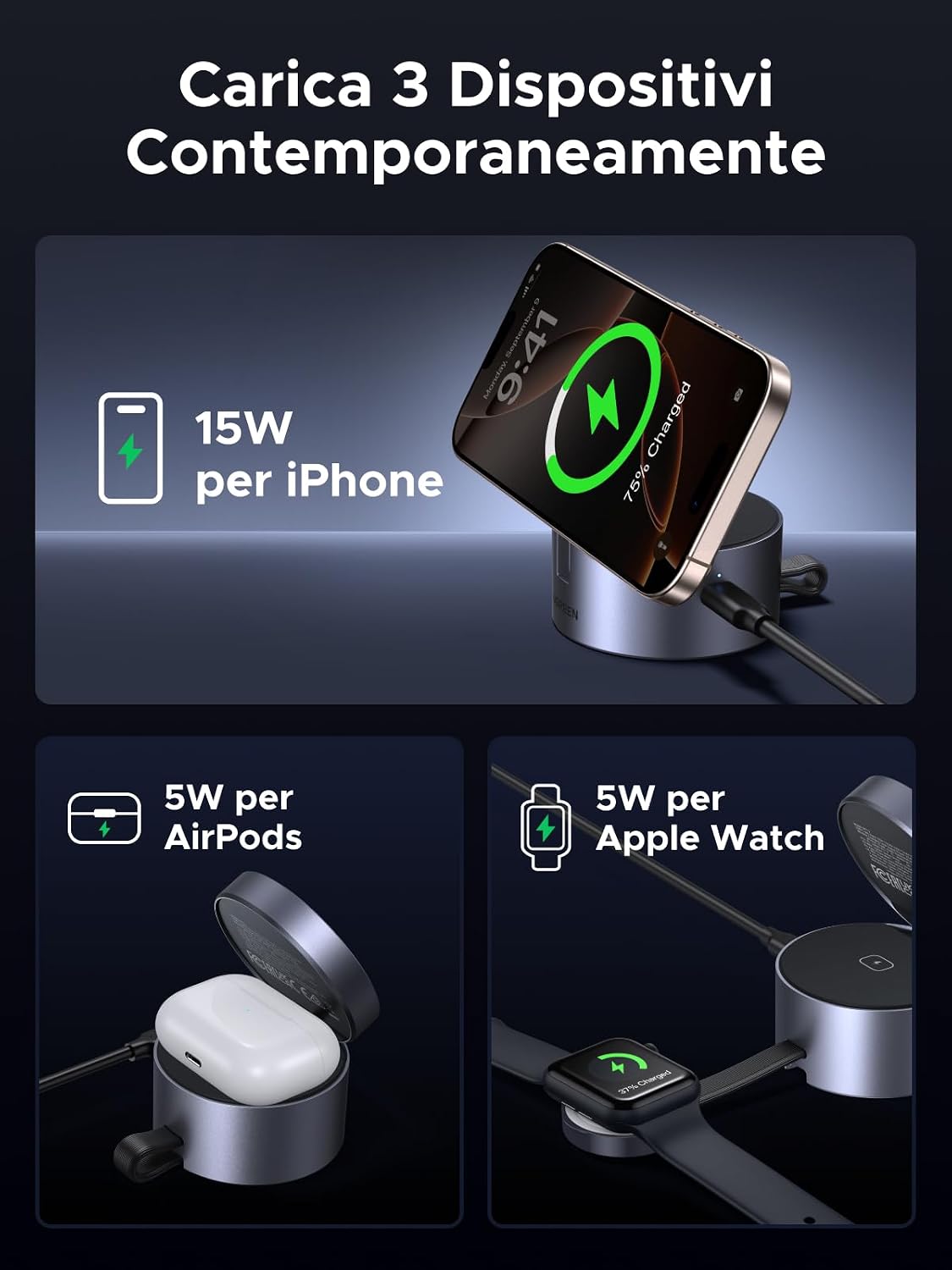 Detalle de UGREEN MagFlow Caricatore wireless 3 in 1 15W per iPhone, Watch, AirPods
