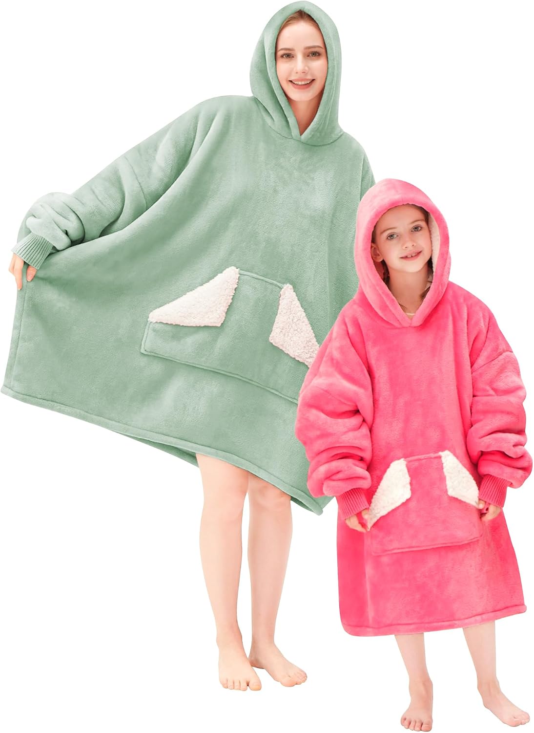 Detalle 1 de Touchat Wearable Blanket Hoodie, Green Sherpa with Hood, Pocket and Sleeves