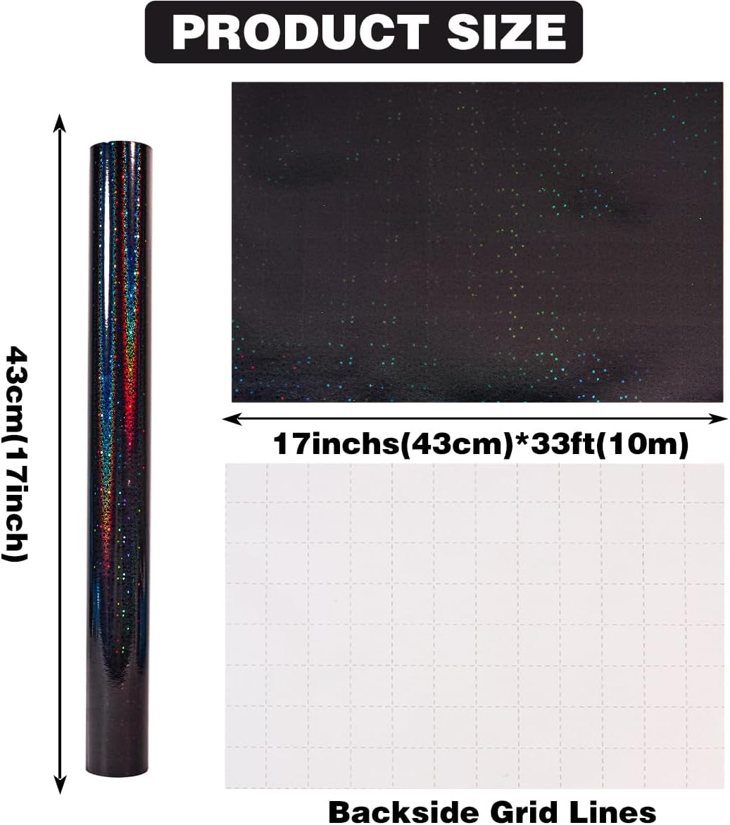 Detalle 2 de Black Holographic Wrapping Paper Roll, 43cm x 10m – Black Metallic Gift Wrap with Shiny Stars