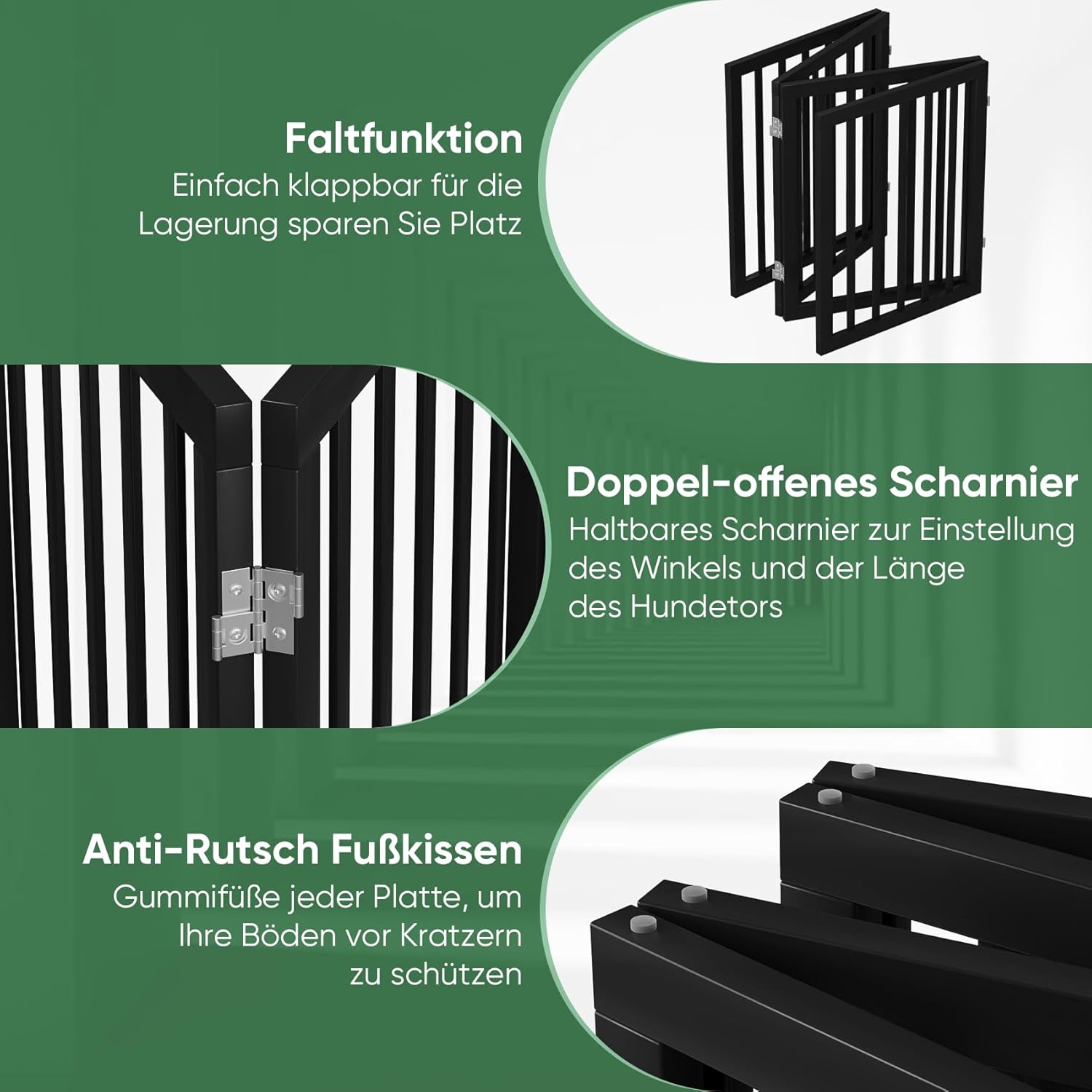 Detalle de Hundegitter für Türen – Faltbares Innen-Gatter aus Massivholz, 4 Paneele, mit Metallstützfüßen (Schwarz)