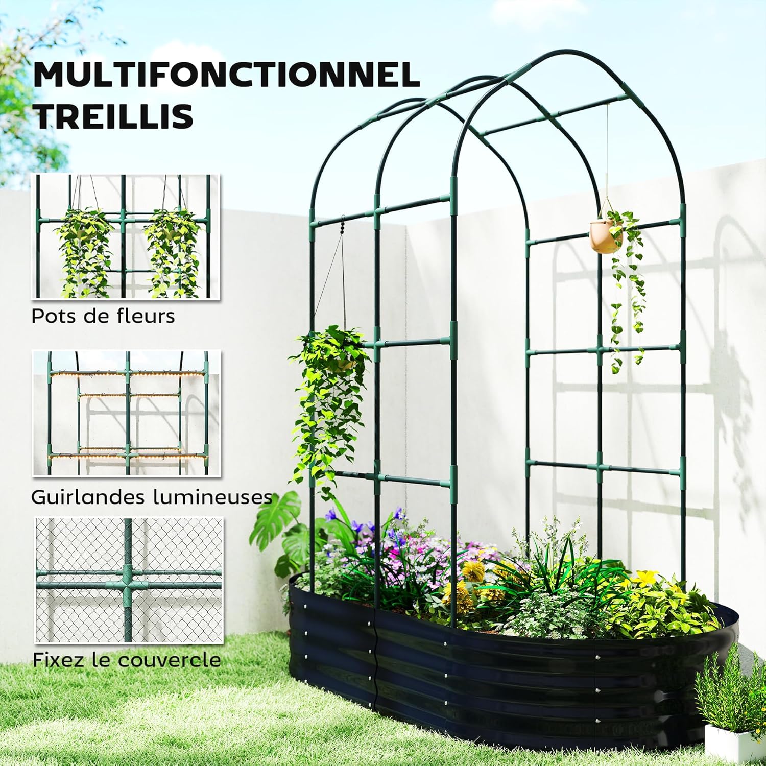 Thumbnail 3 de Outsunny Jardinière surélevée avec Treillis arqué – 425 L, cadre galvanisé, 160x90x180 cm, gris foncé