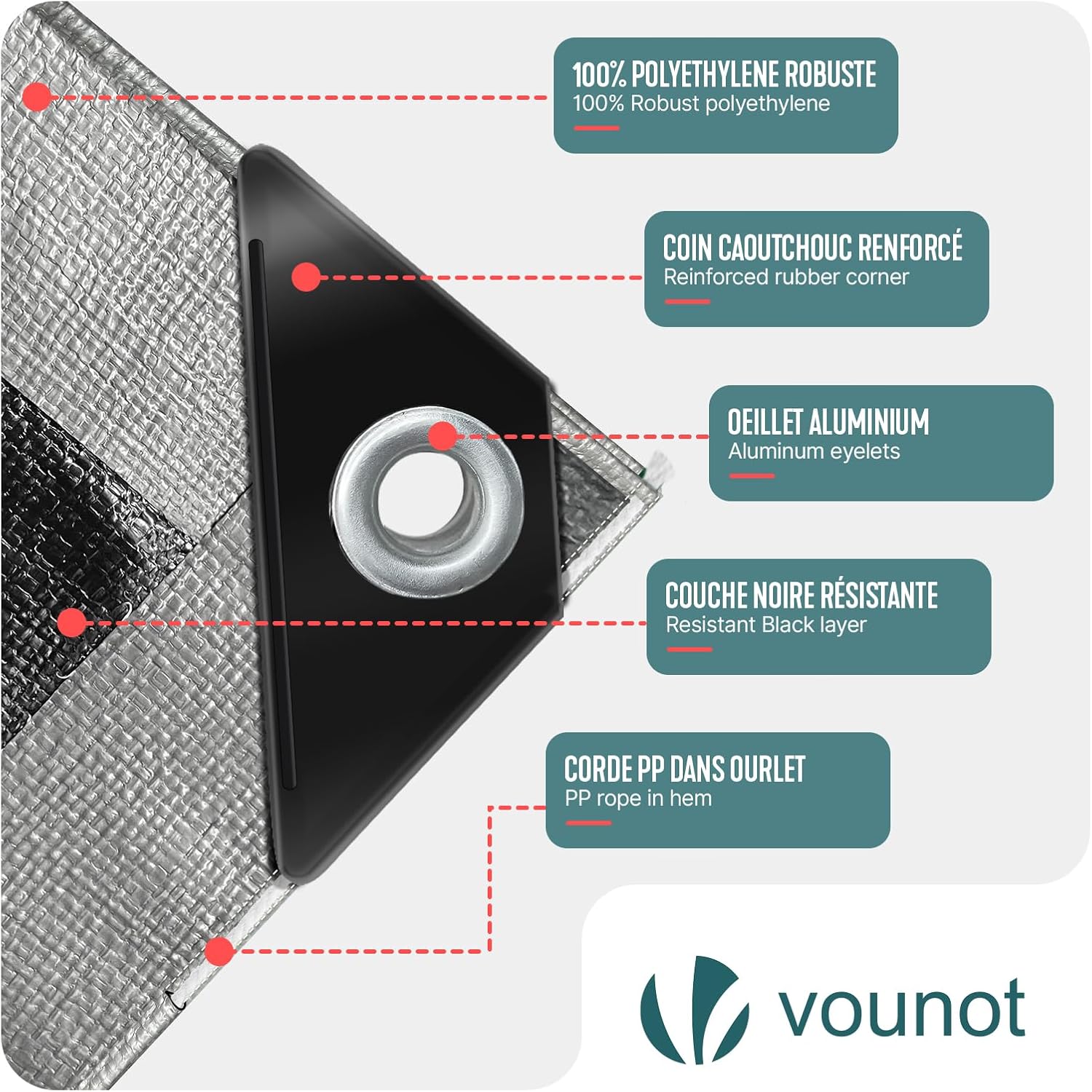 Detalle de VOUNOT Abdeckplane 2x3 m – 240 g/m², wasserdicht, beidseitig beschichtet, mit Ösen