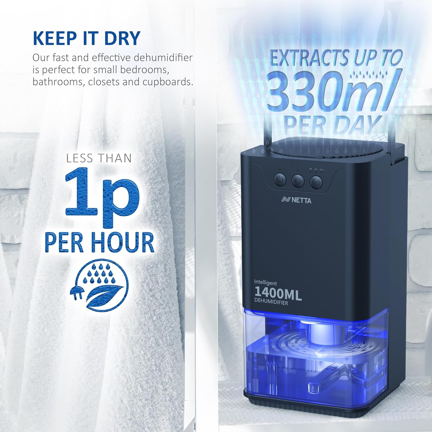 Thumbnail 1 de NETTA Mini Dehumidifier (1400ml) for Home Damp – 24hr Timer, Auto Shut Off, Ultra Quiet – Black