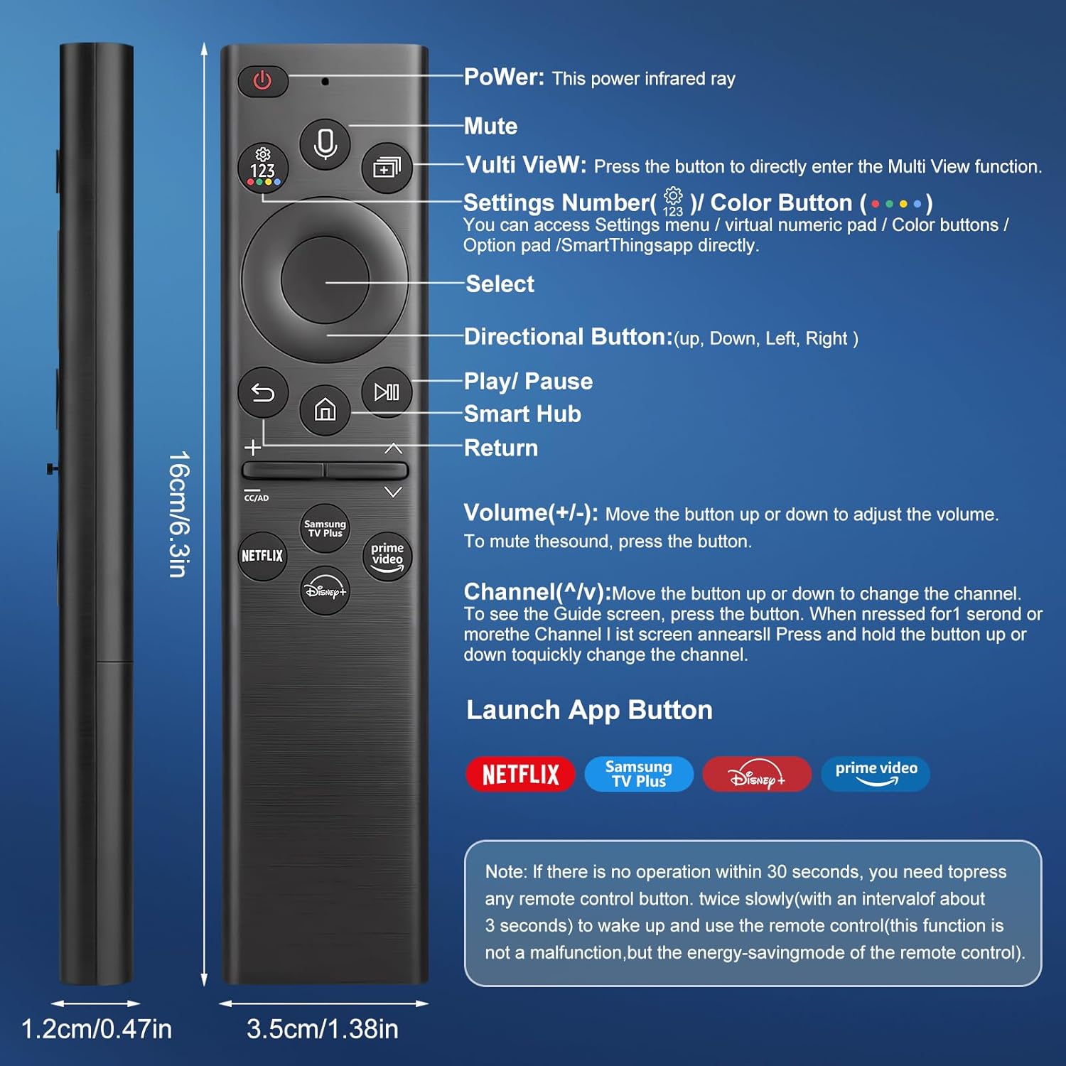 Thumbnail 1 de Replacement TV Remote with Voice Function (Universal) for Samsung 2018–2025 UHD Neo QLED OLED 4K/8K Smart TVs