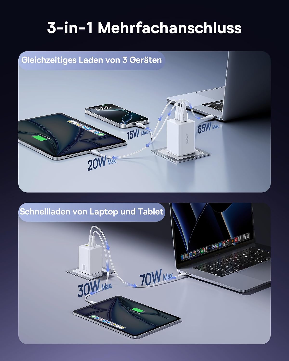 Detalle de Baseus Enerfill 100W USB-C Ladegerät, 3 Ports – GaN PPS, kompakt, für MacBook, iPhone, Galaxy und mehr