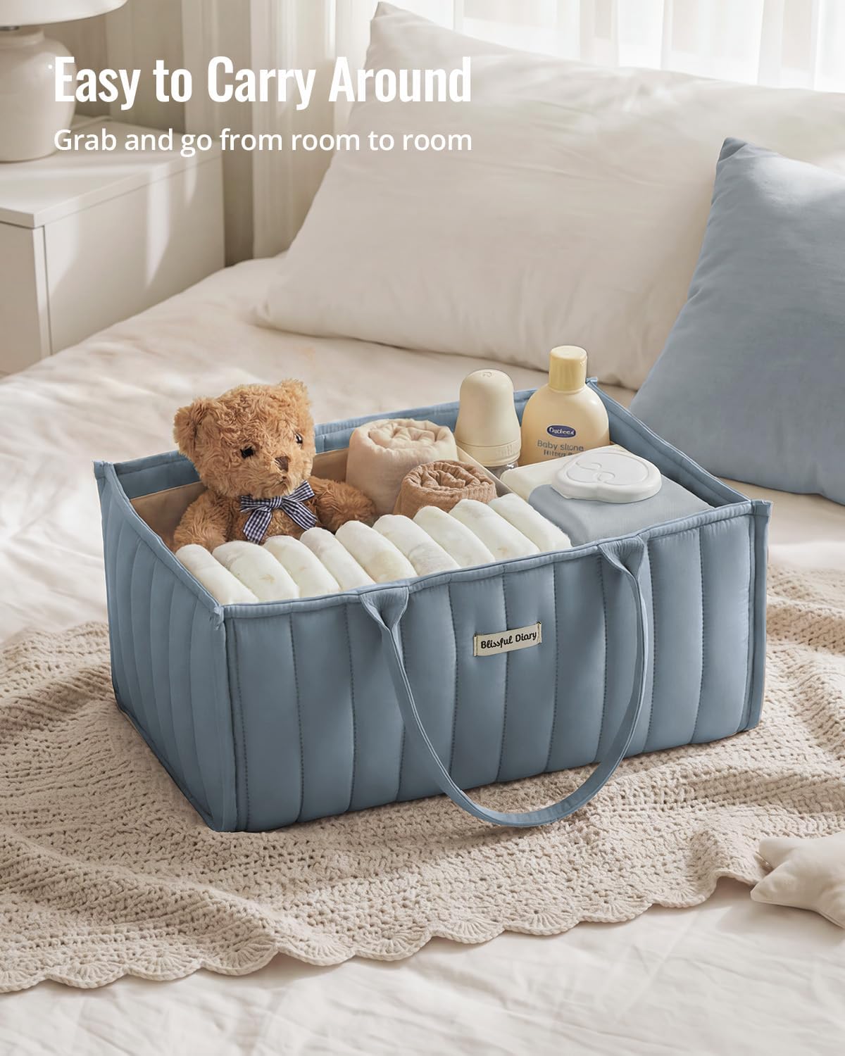 Detalle de Blissful Diary Baby Diaper Caddy, Dusty Blue Polyester Organizer with 3 Compartments