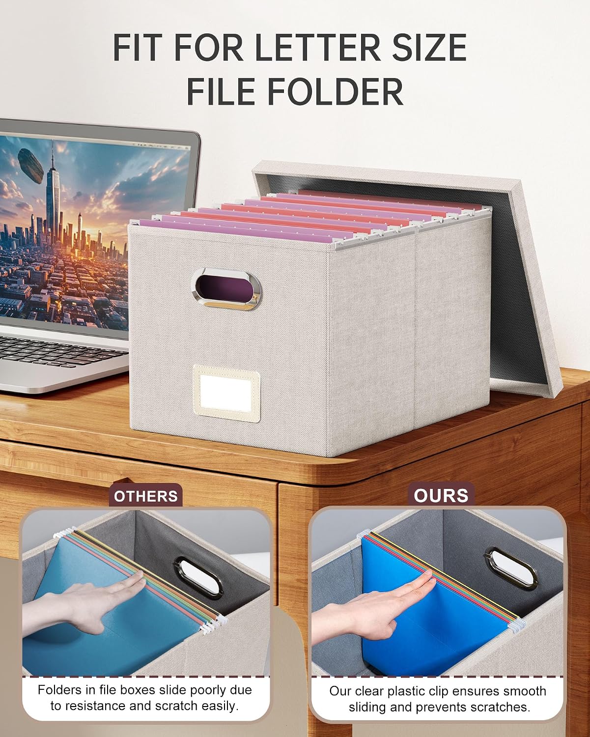 Thumbnail 2 de Oterri Linen File Organizer Box with Lid, Collapsible Beige Storage