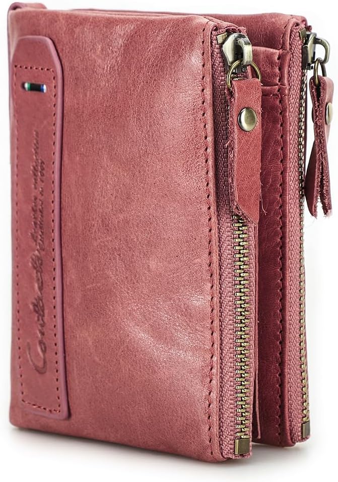 Detalle de CONTACTS RFID Short Leather Wallet for Women – Dark Pink with Double Zipper