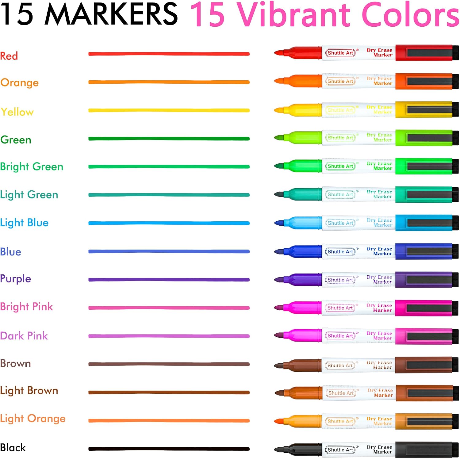 Detalle de Shuttle Art 15-Farben Whiteboard Marker Set mit Magnetkappen und Radiergummi – feine Spitze, trocken abwischbar