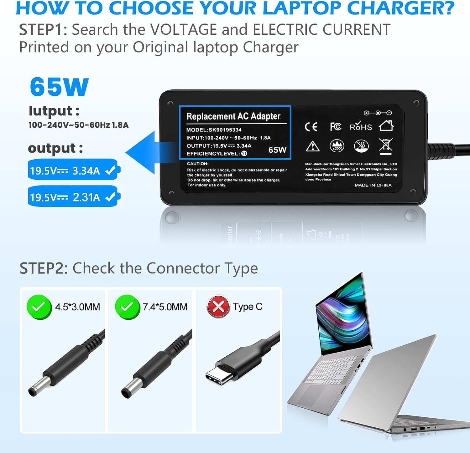 Detalle de Givehooy Givehooy-Usbc-chg-01 65W Dell Laptop Charger, 19.5V