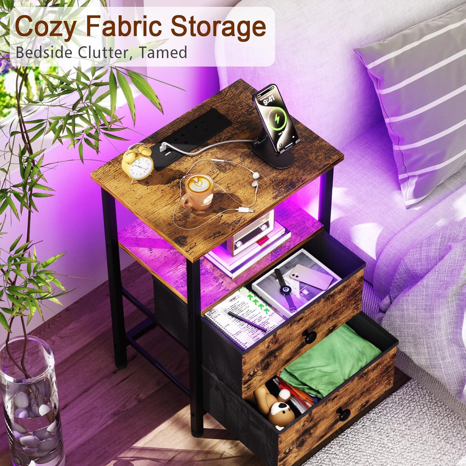 Detalle de AMHANCIBLE Night Stand Set of 2 with LED Lighting & Charging Station (UHETS02PBR)