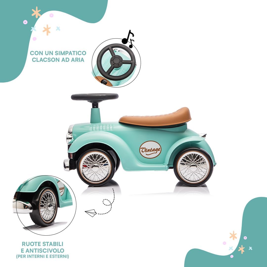 Thumbnail 1 de Baroni Toys Vintage Porteur Voiture pour Enfants – 12 à 36 Mois, klaxon, rangement, 25x59x35 cm (Tiffany)
