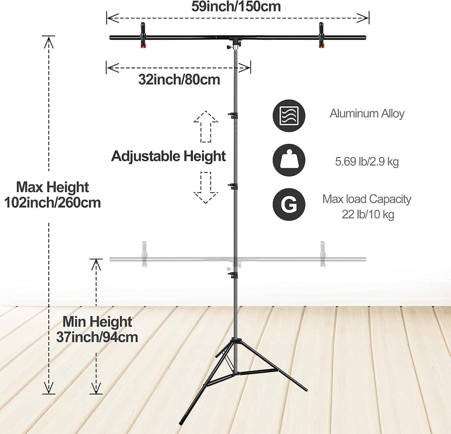 Thumbnail 3 de EMART White Backdrop with Stand – 1.5x2.0m (5x7ft) and 1.5x2.6m T-Shape Support Kit