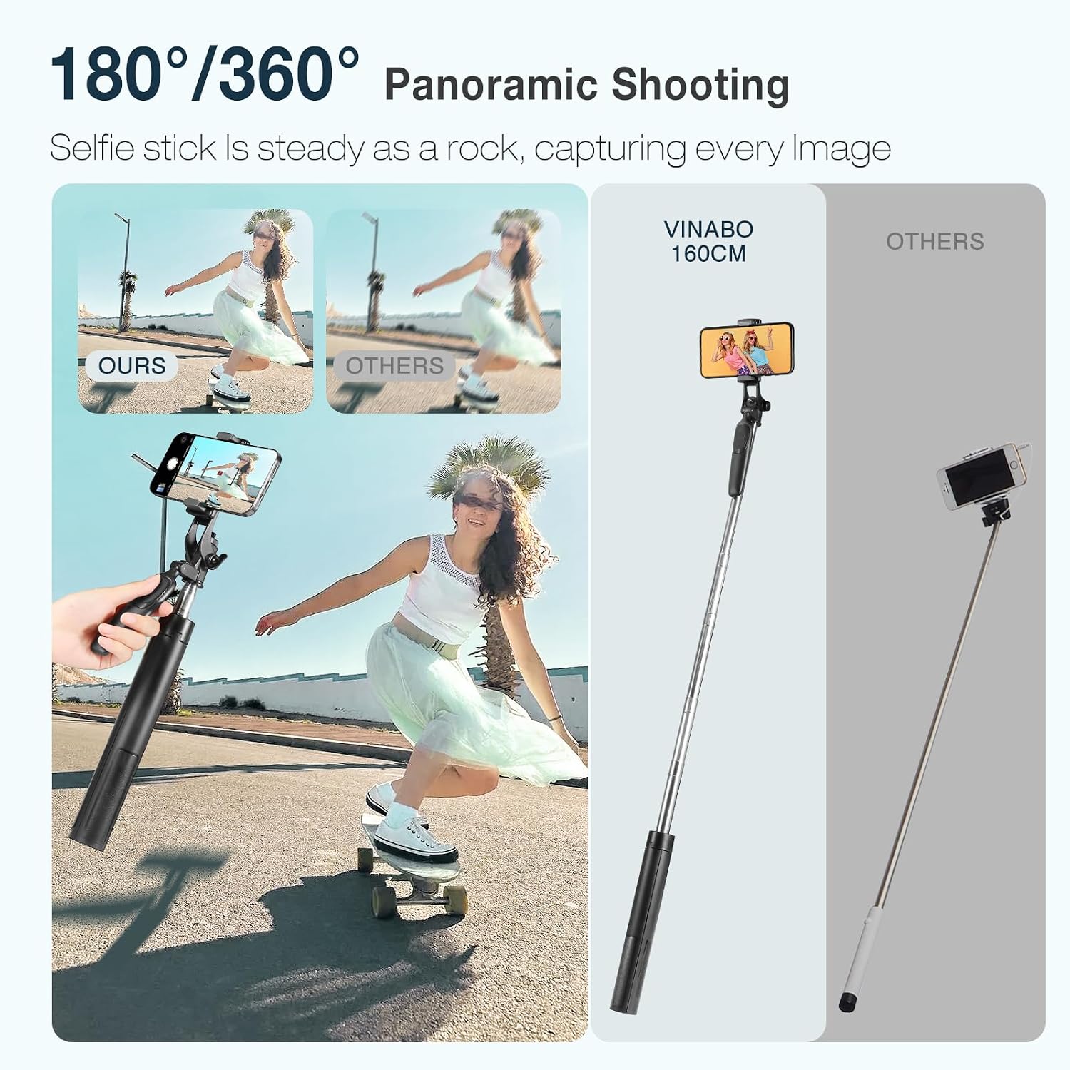 Detalle de Vinabo Perche à Selfie Bluetooth 3 en 1 – Trépied Smartphone extensible jusqu’à 160 cm avec télécommande et rotation 360°
