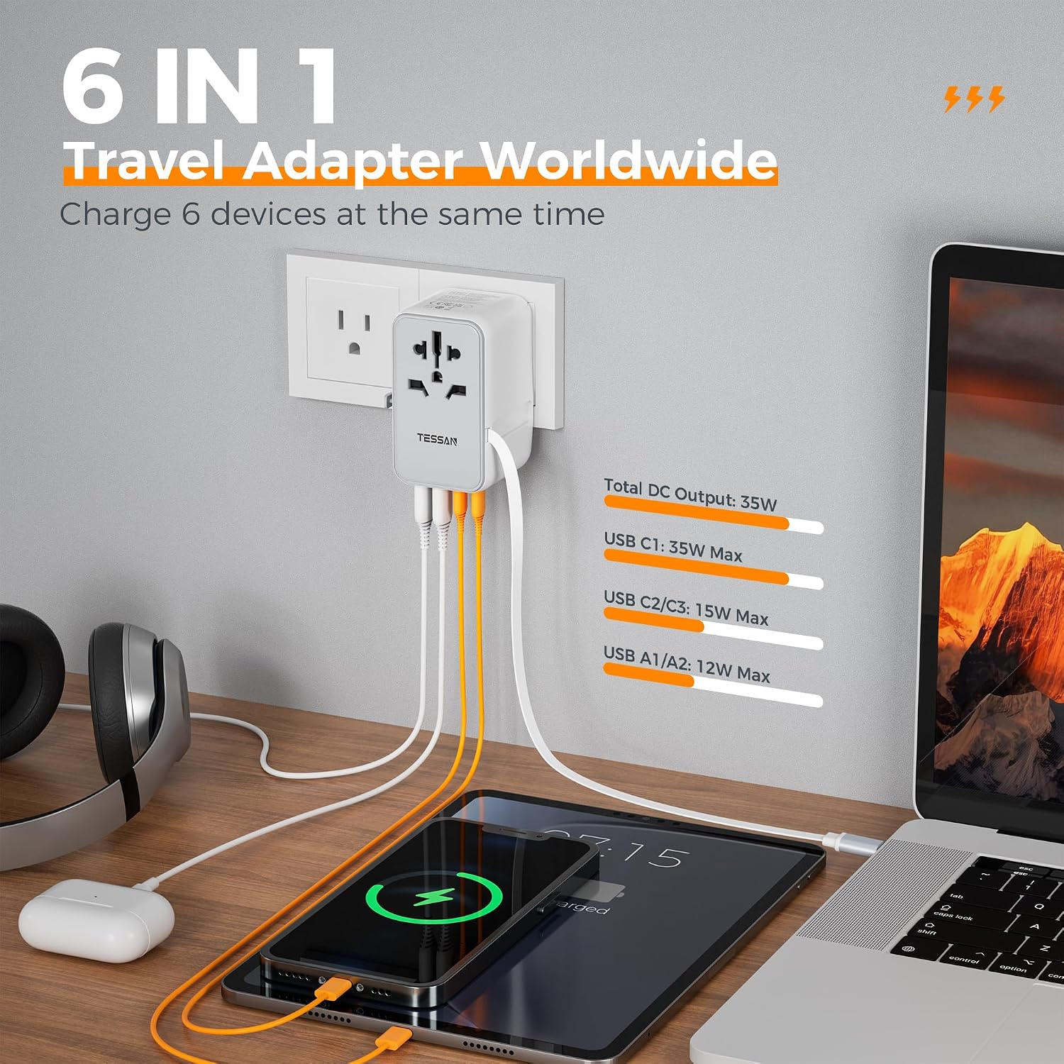 Detalle 2 de TESSAN Universal Travel Adapter with Built-in 35W USB-C Cable (UK) for EU/US/AU