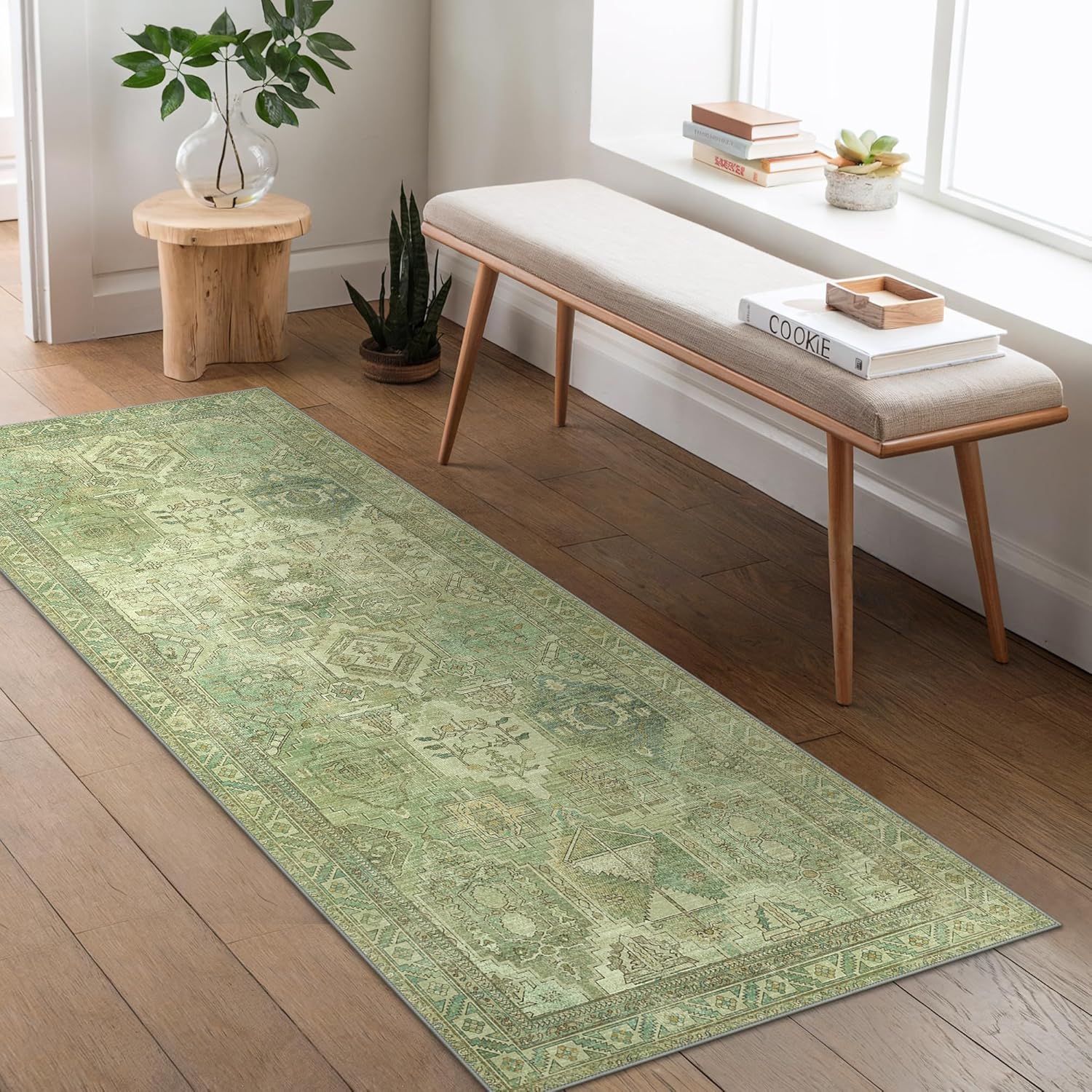 Detalle de BEIMO Tapis Salon Vintage 80x150cm - Vert, lavable en machine et antidérapant