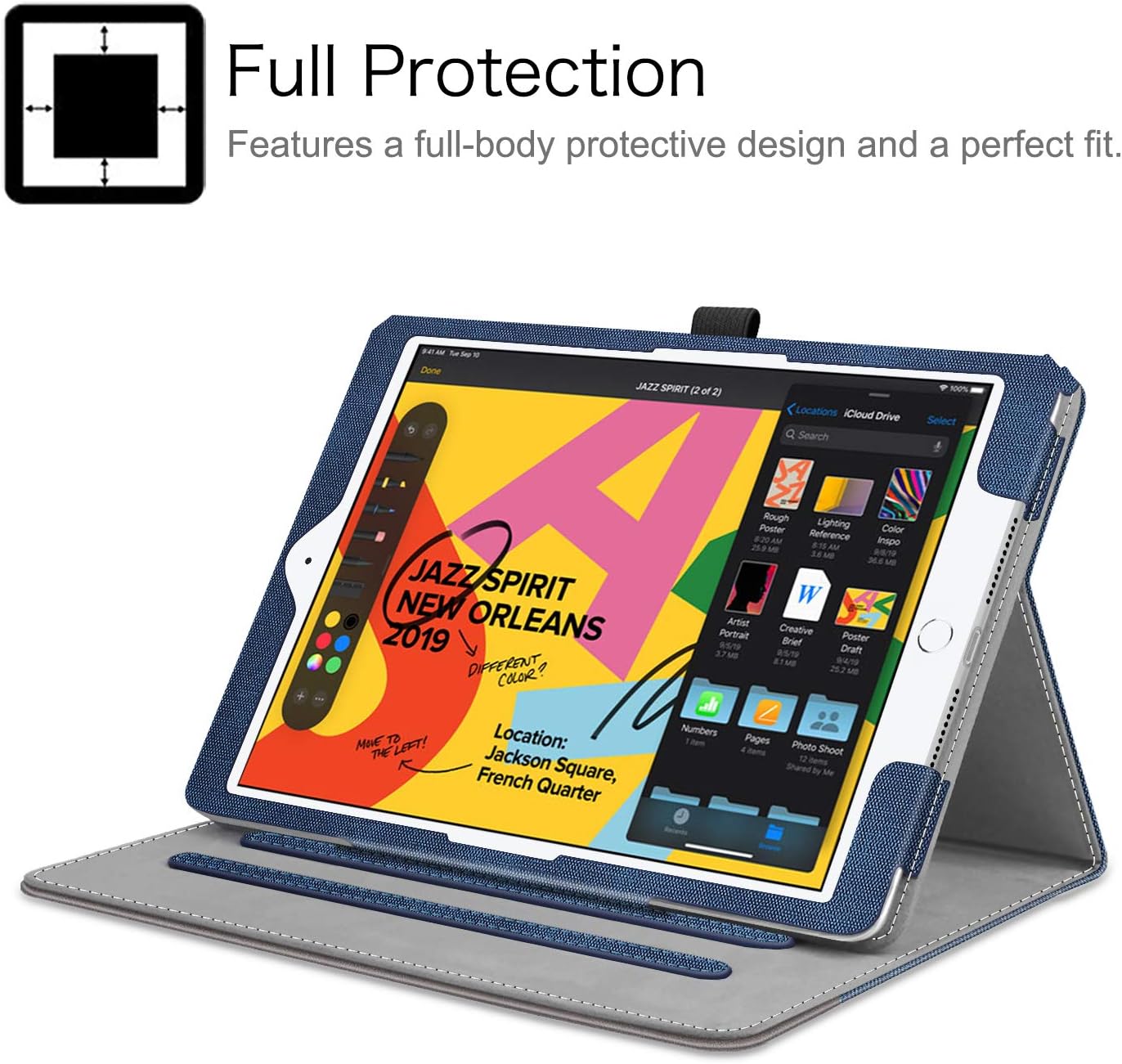 Detalle de FINTIE Denim Indigo Case for iPad 9th/8th/7th Gen (10.2”) with Corner Protection, Multi-Angle Stand, Pocket & Pencil Holder