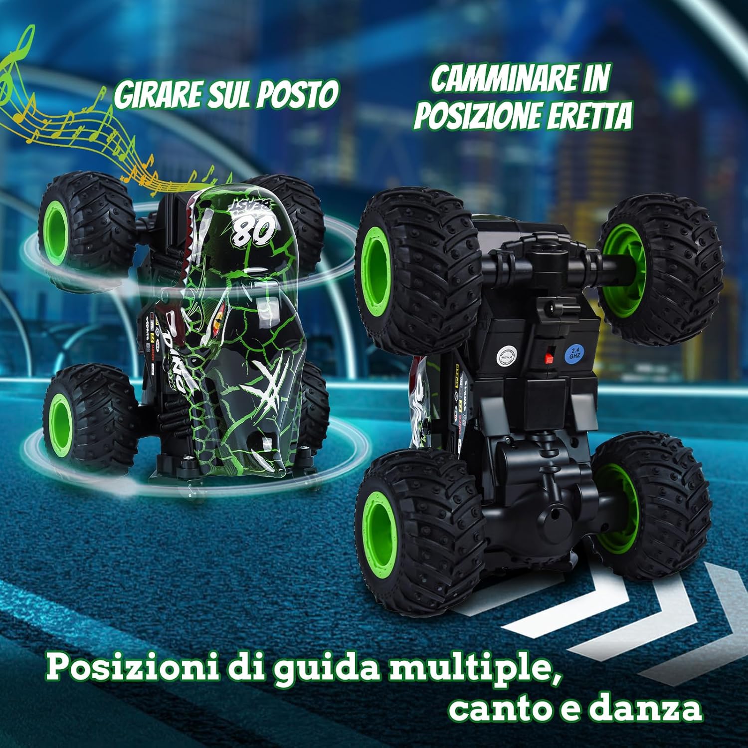 Detalle 2 de IEEILULU Macchina Telecomandata Monster Truck con LED: dinosauro su ruote per bambini 8–14 anni
