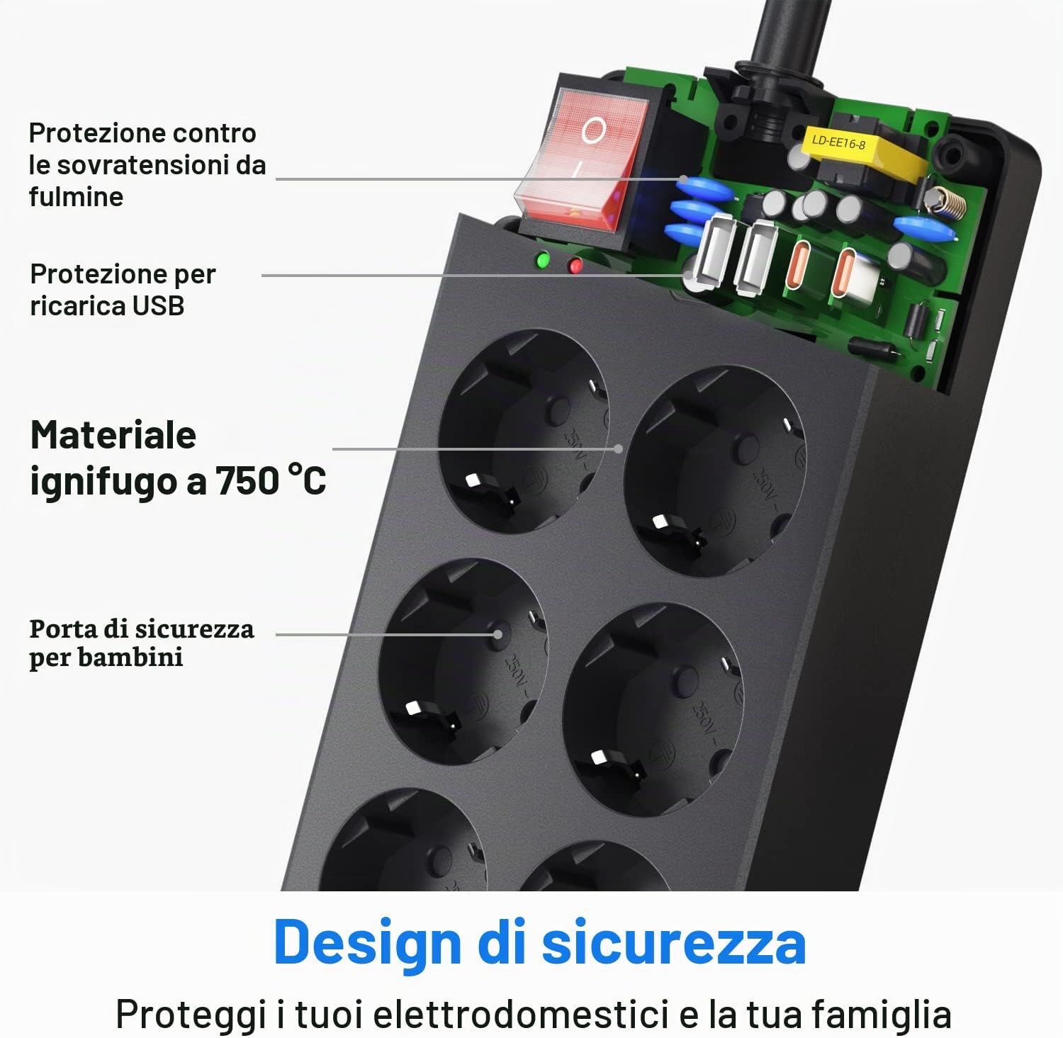 Detalle de Multipresa 10 Posti con USB-C e protezione sovratensione – 1,5 m, Nero