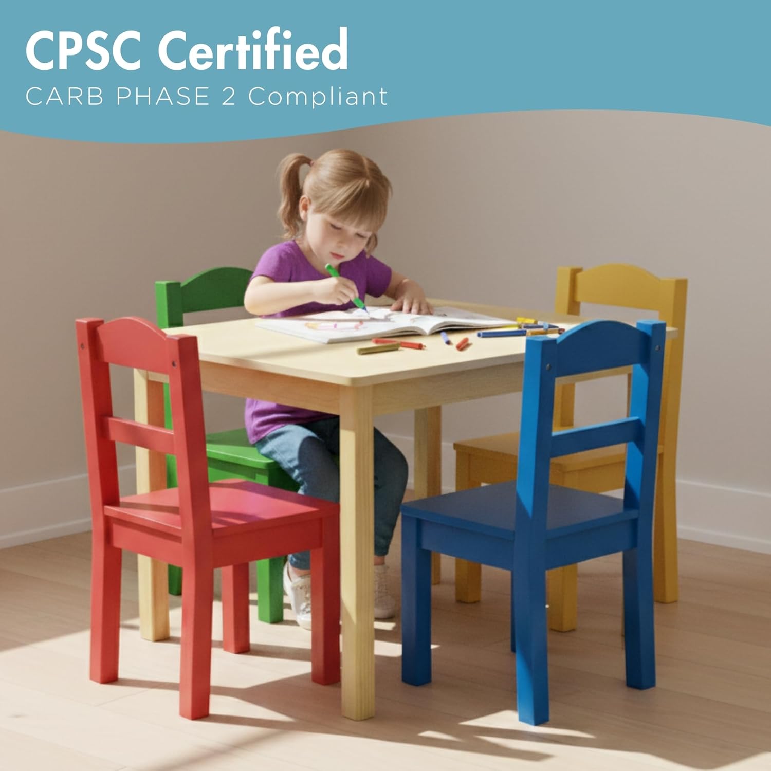 Detalle de Humble Crew Kids Wooden Table and 4 Chairs Set (Square Activity Table) for Ages 3–6