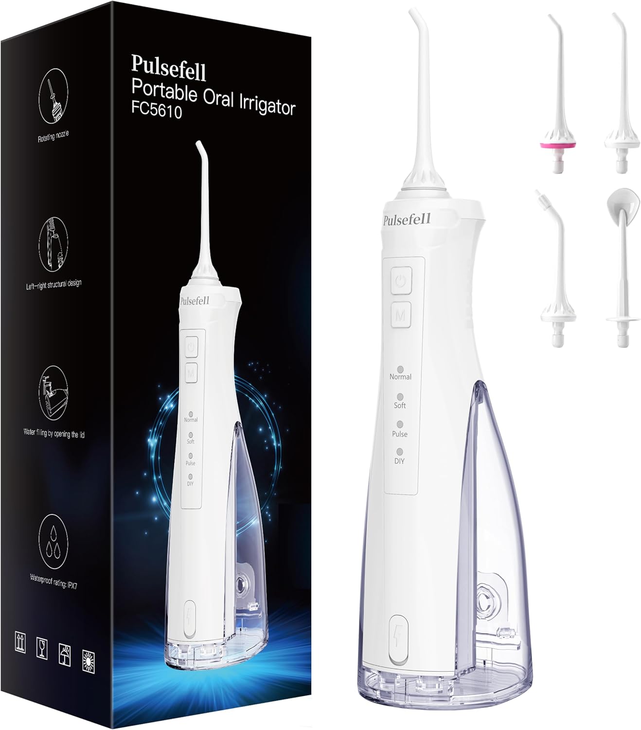 Detalle de Pulsefell Idropulsore dentale portatile ricaricabile 300 ml con 4 modalità e IPX7 (bianco)