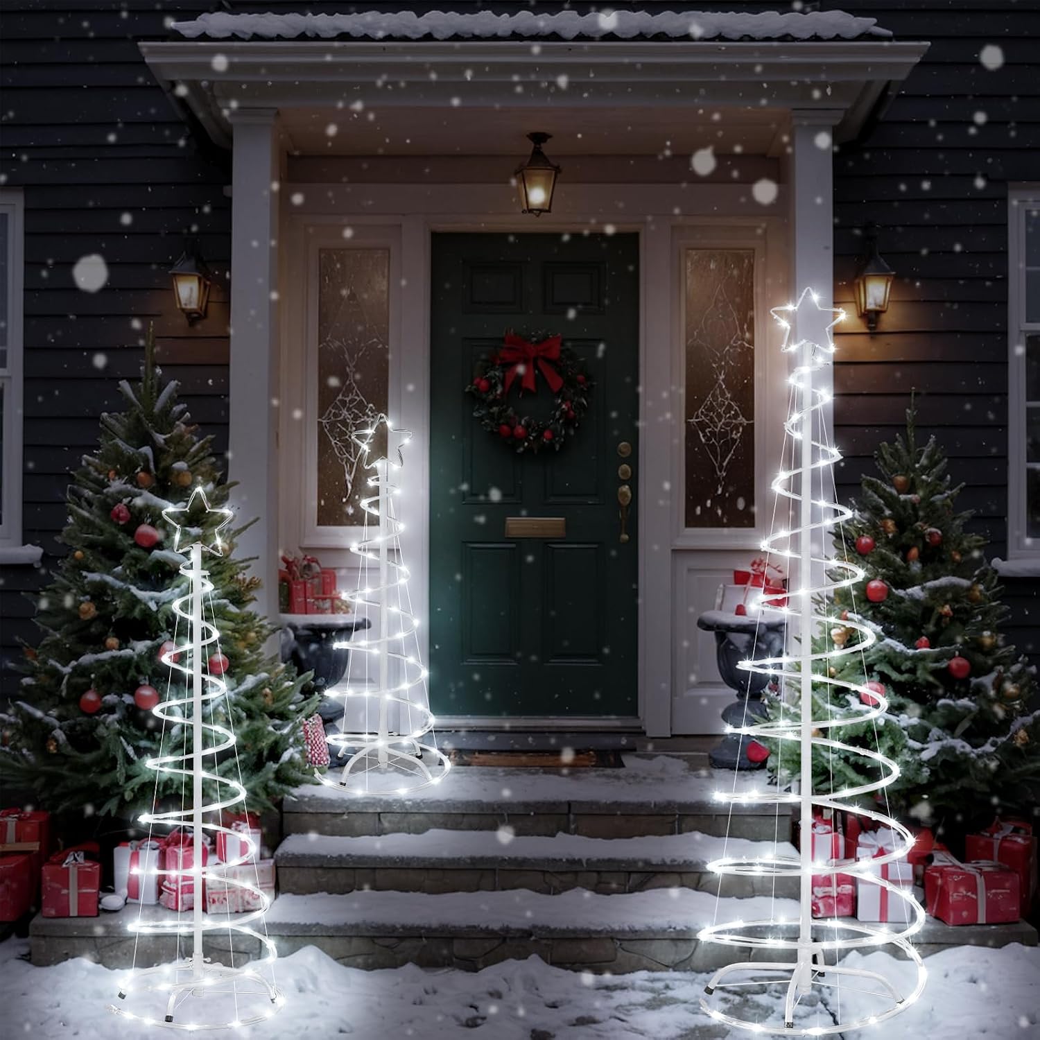 Detalle 1 de FLAGLY 778 Christmas Spiral Tree Set, 3/4/5 ft, White LEDs, 8 Modes