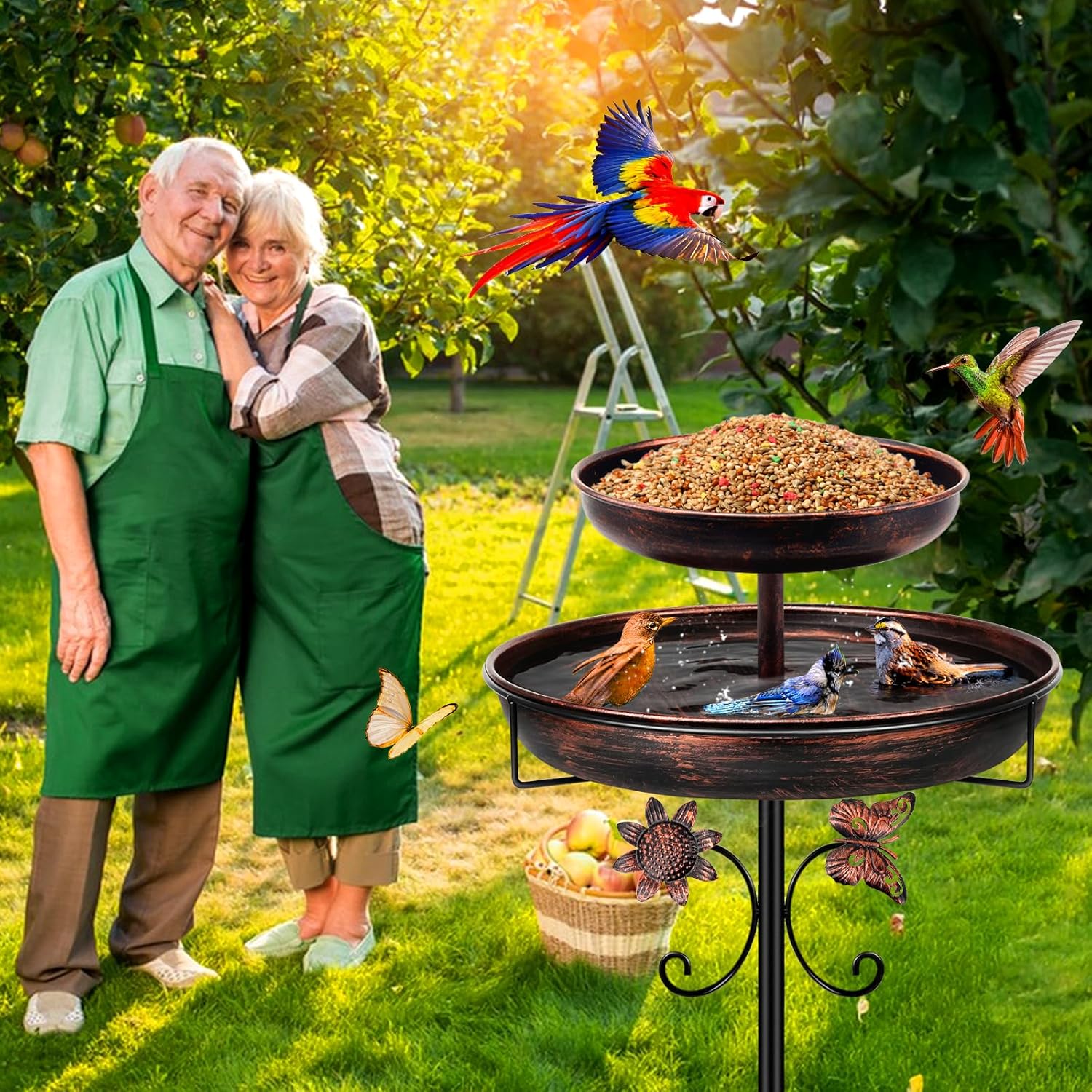 Thumbnail 4 de Metal Double Bird Bath & Feeder, 42in Freestanding Outdoor Birdbath (Antique Bronze) with 5-Pronged Base