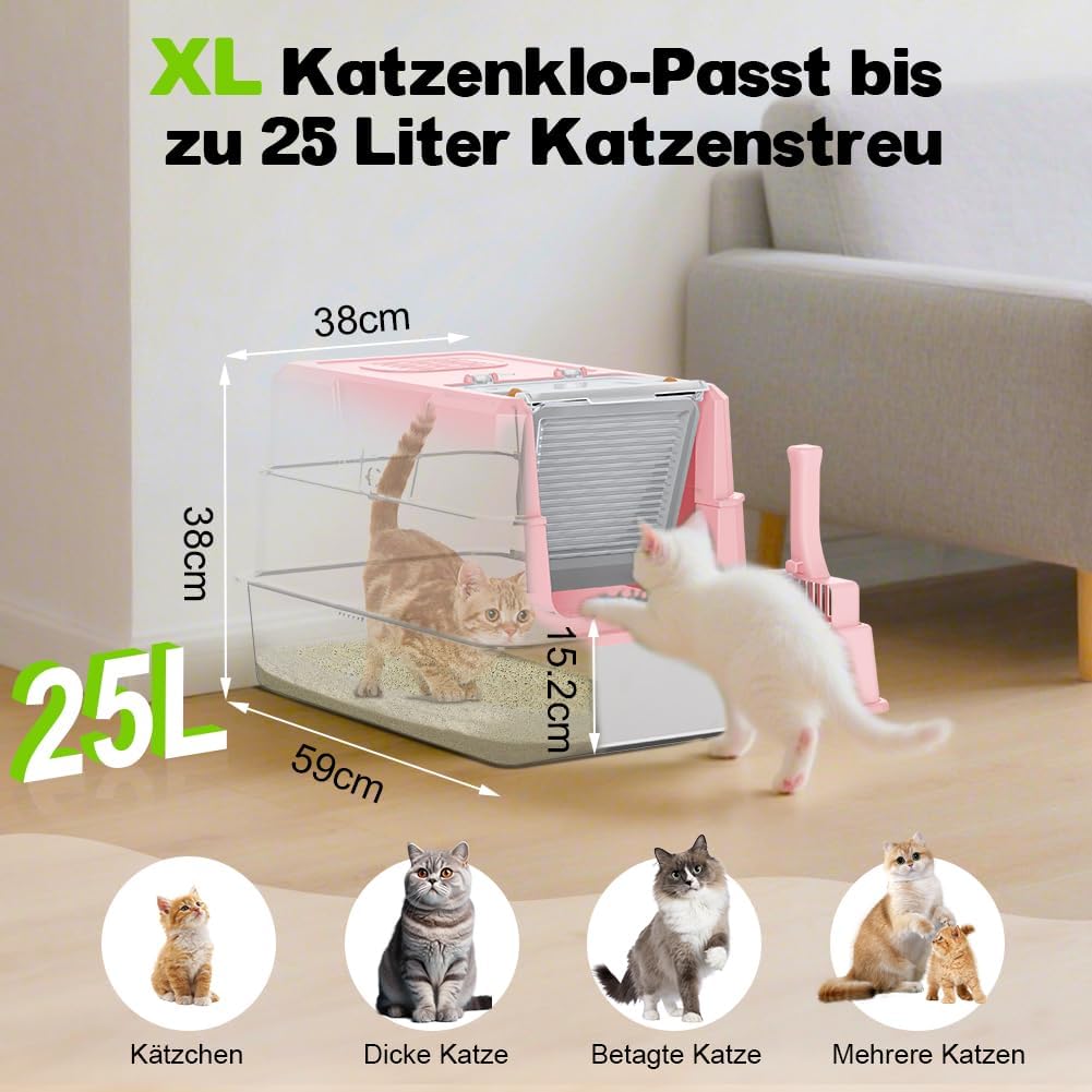 Detalle de SZEE XL Edelsthal Katzenklo mit 180° Deckel – Edelstahl, 59 × 38 × 38 cm, Rosa