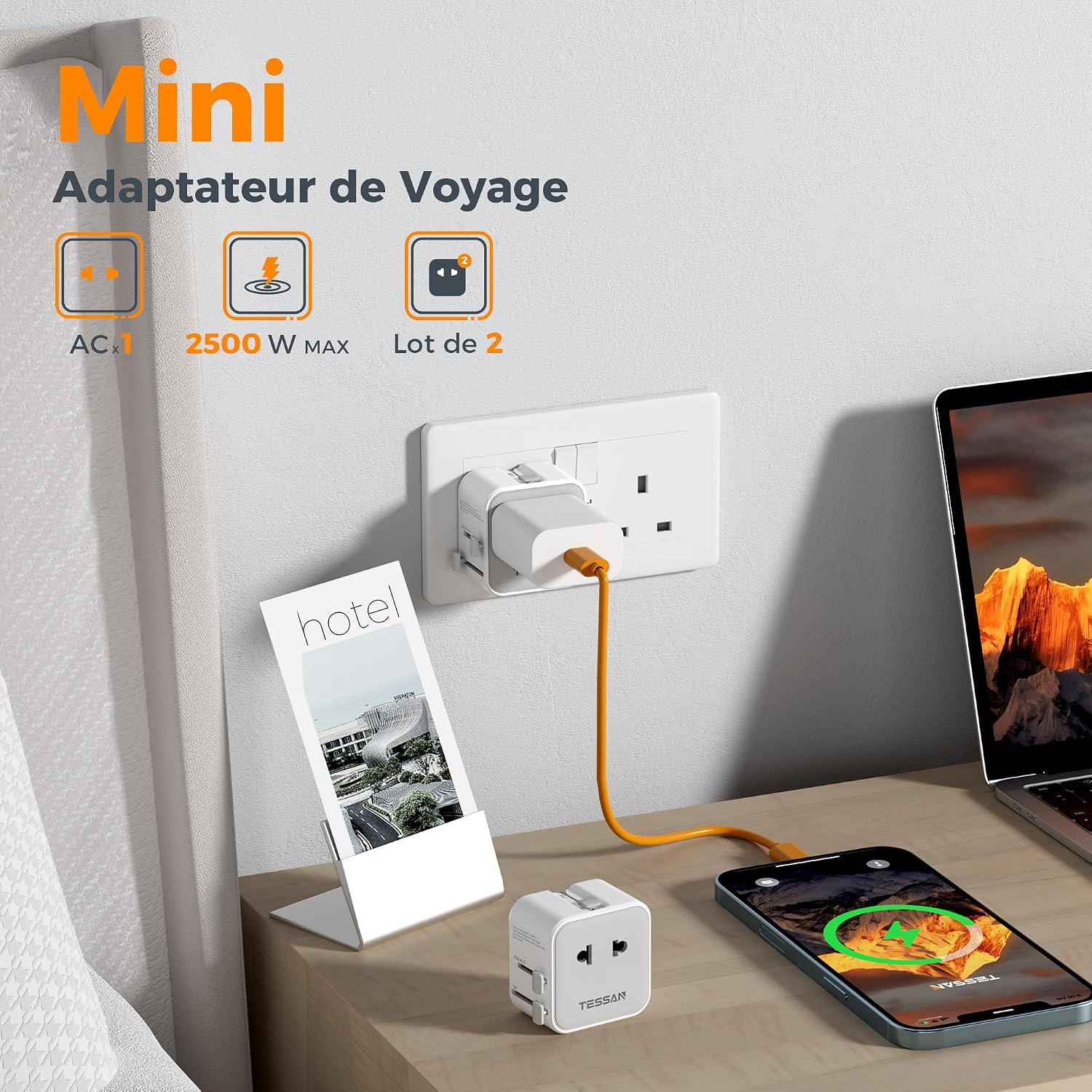 Detalle 1 de TESSAN Lot de 2 Adaptateur Prise Universelle – ultra fin, voyage sans souci