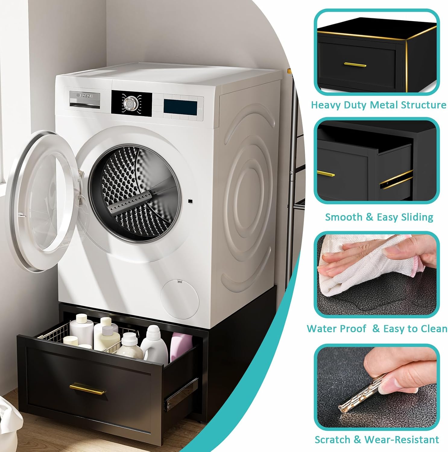 Thumbnail 3 de Qxdyt Laundry Pedestal-Black, 16-Inch Steel Washer and Dryer Stand with Drawer