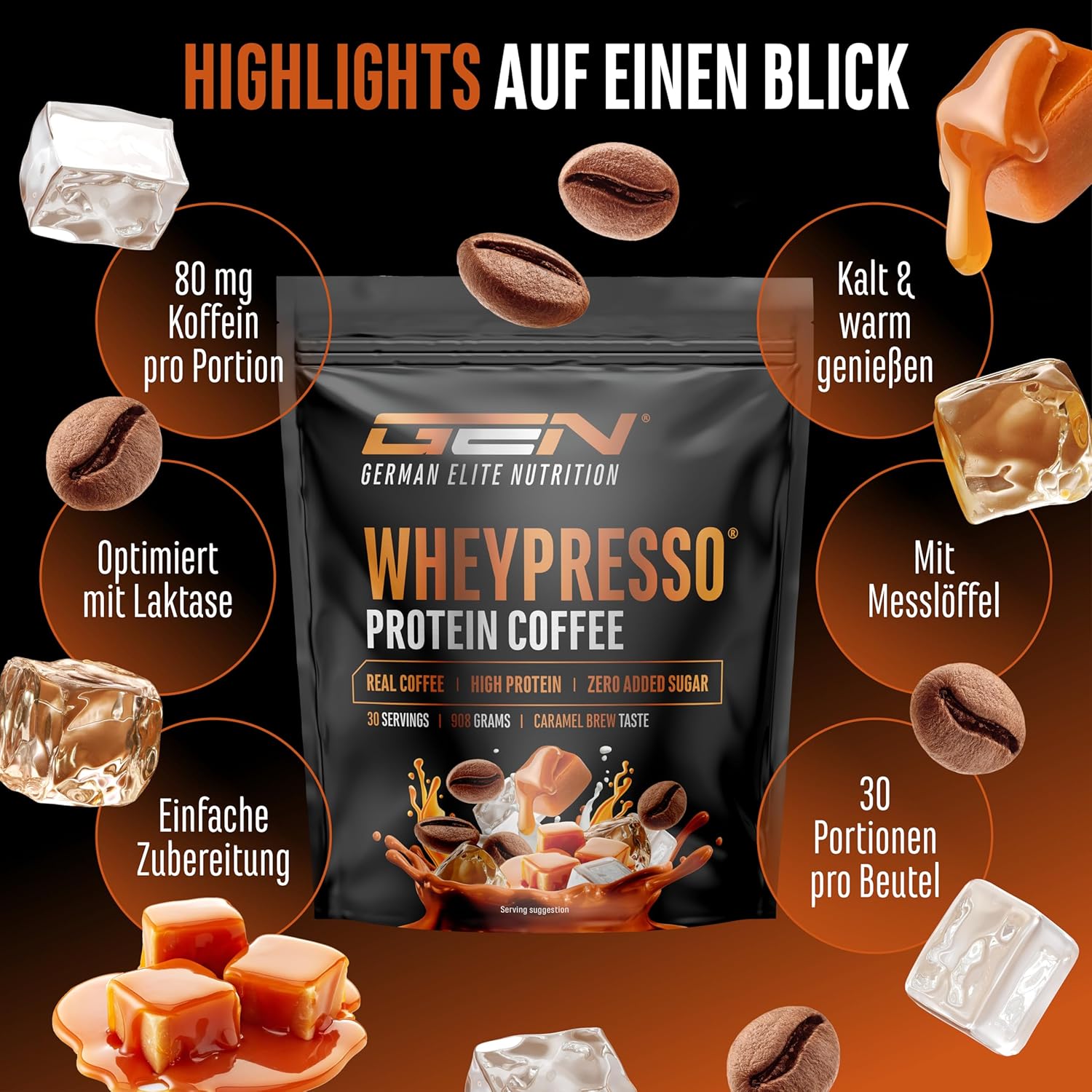 Thumbnail 2 de Wheypresso Protein Coffee Caramel – Proteingetränk mit Whey-Konzentrat & Isolat (908 g)