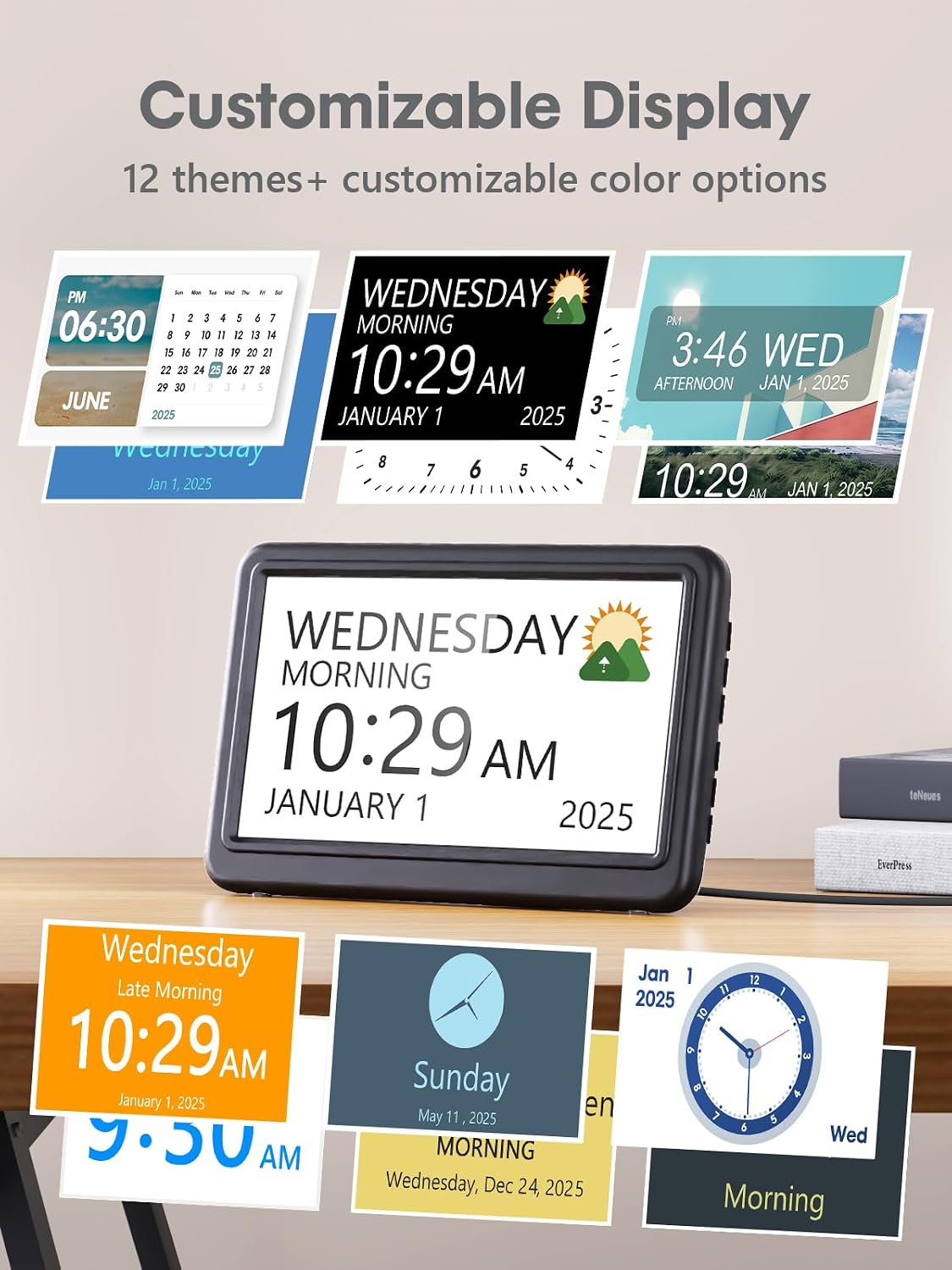 Detalle de ROCAM CR1029-Black 7-Inch Digital Calendar Clock with 20 Alarms and Auto-Dimming