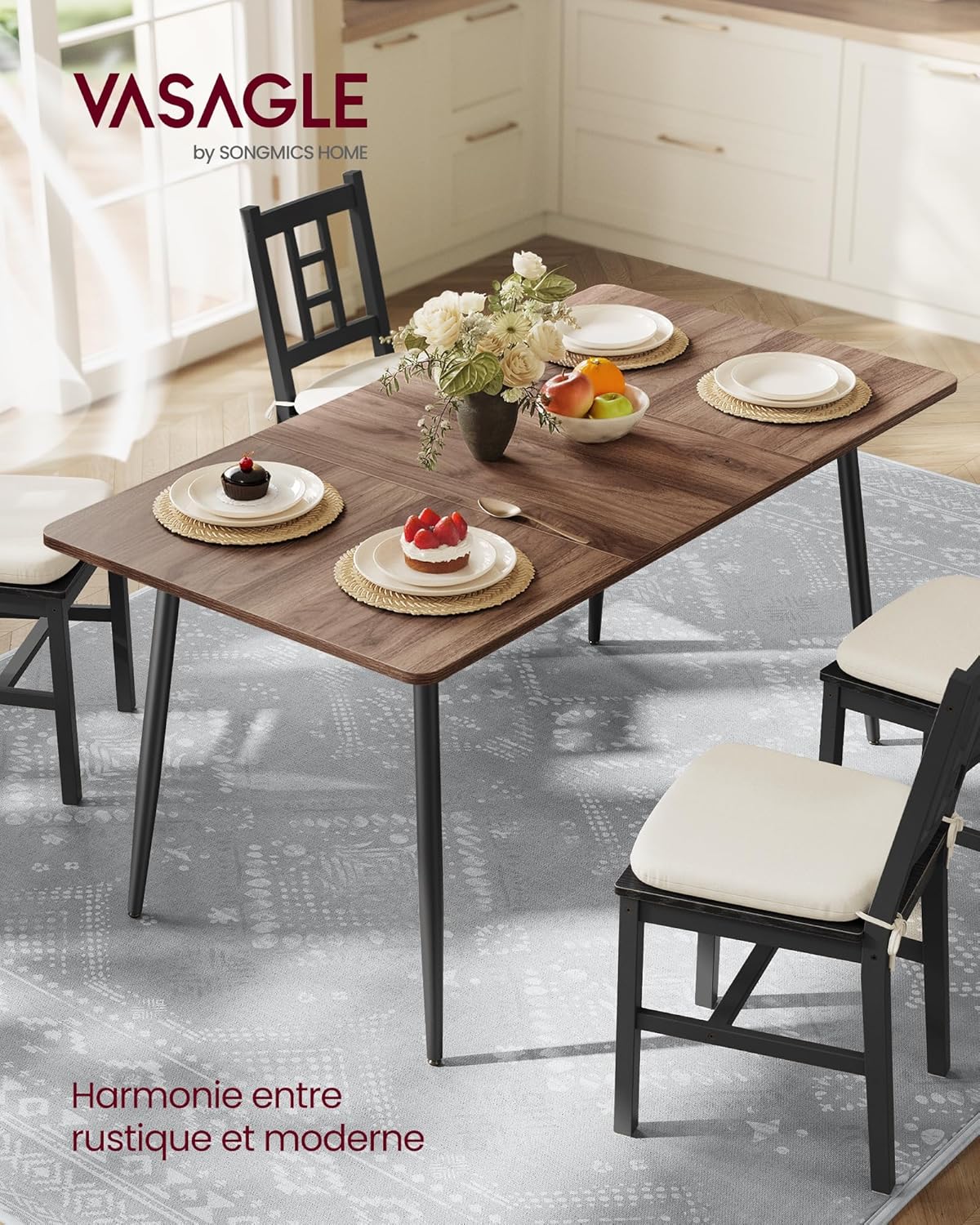Thumbnail 2 de VASAGLE Table de Cuisine 75 x 140 cm – Style Ferme Moderne (KDT100KE02V1) en Noyer Naturel et Noir d'encre