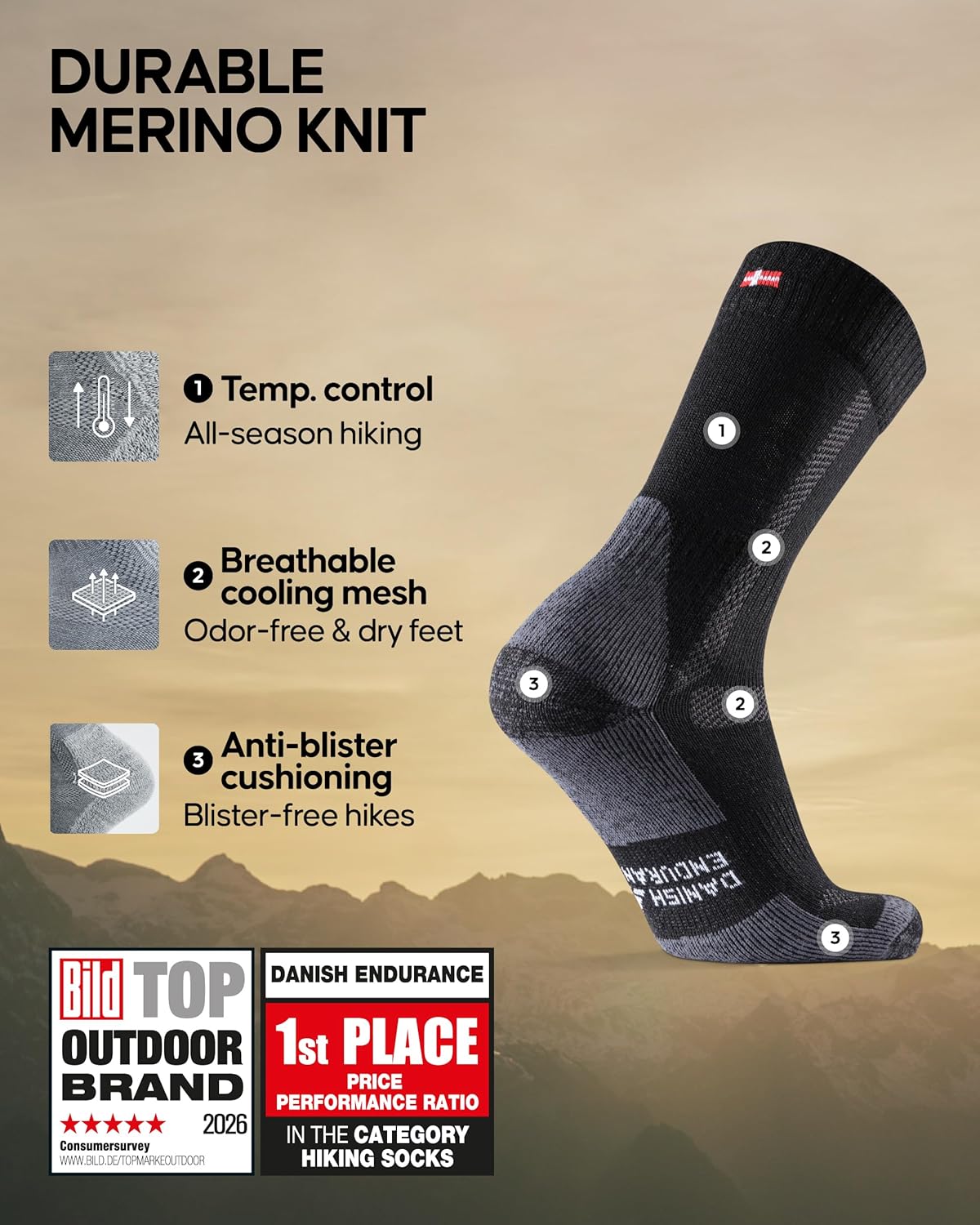 Thumbnail 1 de DANISH ENDURANCE Danish Endurance Hiking Socks – breathable merino walking socks with anti-blister cushioning (3 or 5-pack)