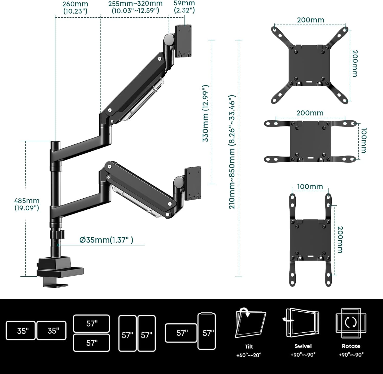 Thumbnail 5 de Dual Monitor Arm Heavy Duty (24–57in) – Aluminium stacked mount, fully adjustable vertical stand, VESA 75/100/200mm, black