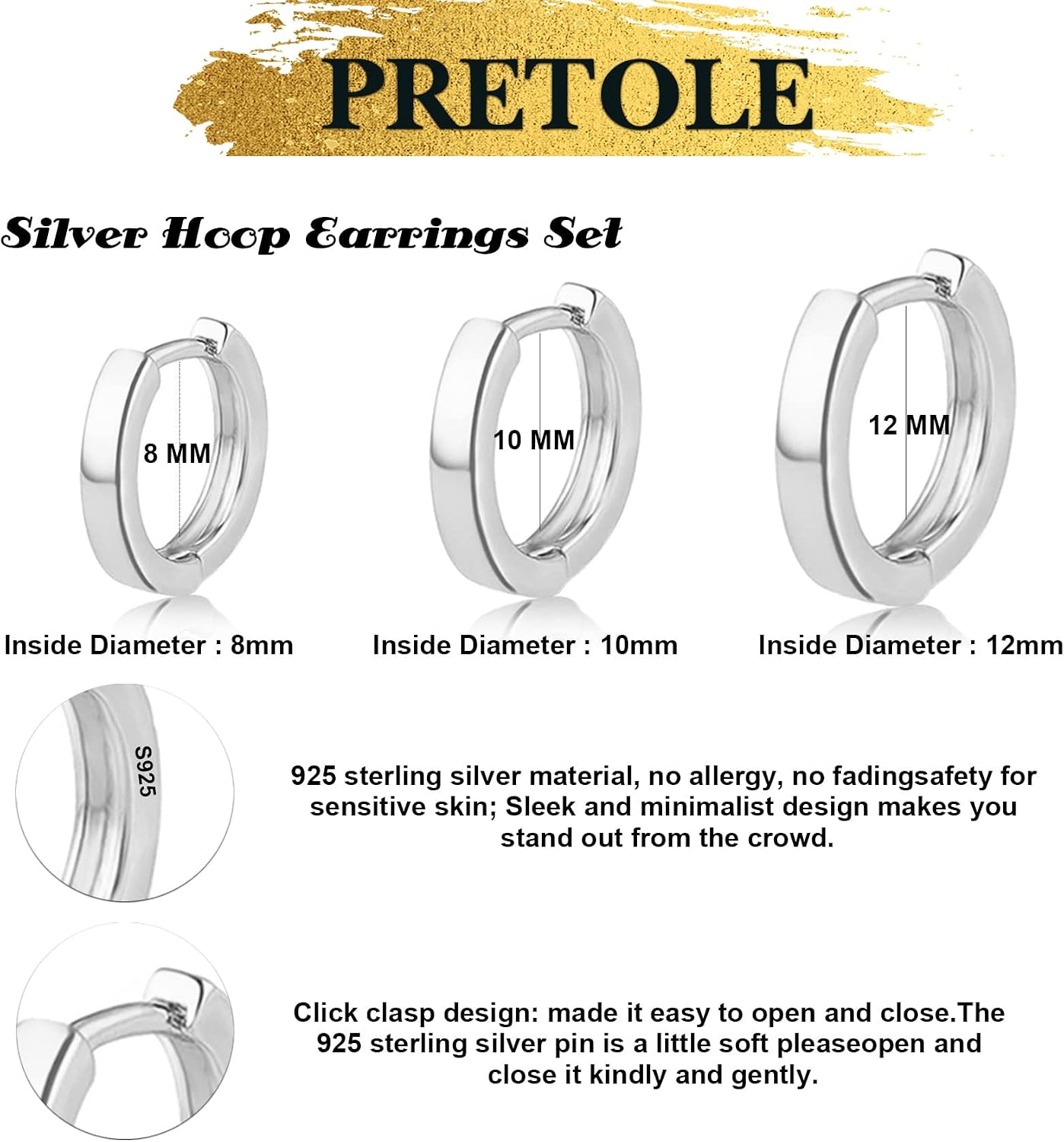 Detalle de 3 Pairs Sterling Silver Hoop Earrings for Women – S925 Huggie Hoops with Cubic Zirconia by PRETOLE