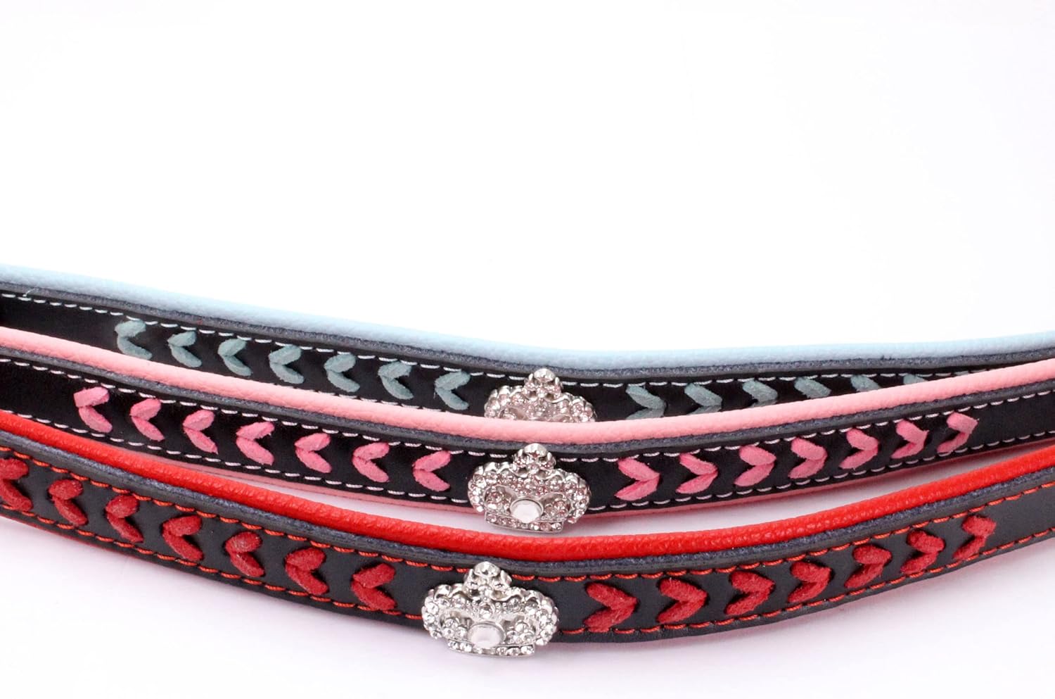Thumbnail 4 de haoyueer Braided Soft Padded Genuine Leather Dog Collar with Rhinestone Crown (Size L, Blue)