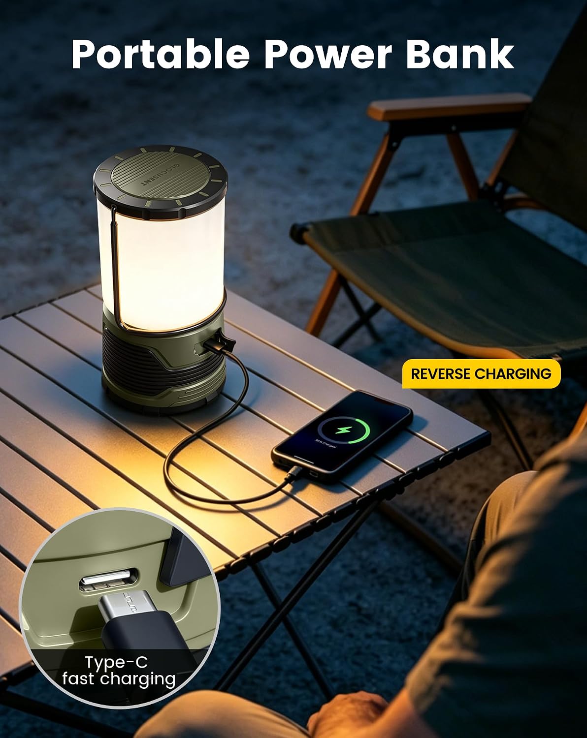 Detalle 2 de Glocusent Rechargeable Camping Light with 1200LM and 5000mAh Battery