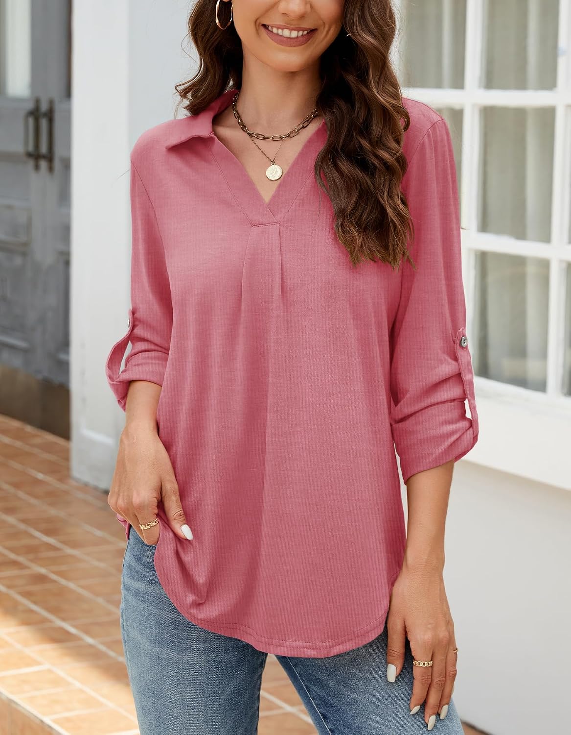 Detalle de Odosalii Womens Casual V Neck Tunic Blouses with Rolled Up Sleeves