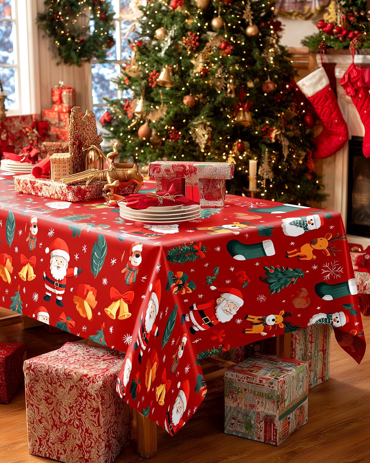 Detalle de Pureegg Christmas Plastic Tablecloths, 54 x 108 in, 4-Pack, Waterproof