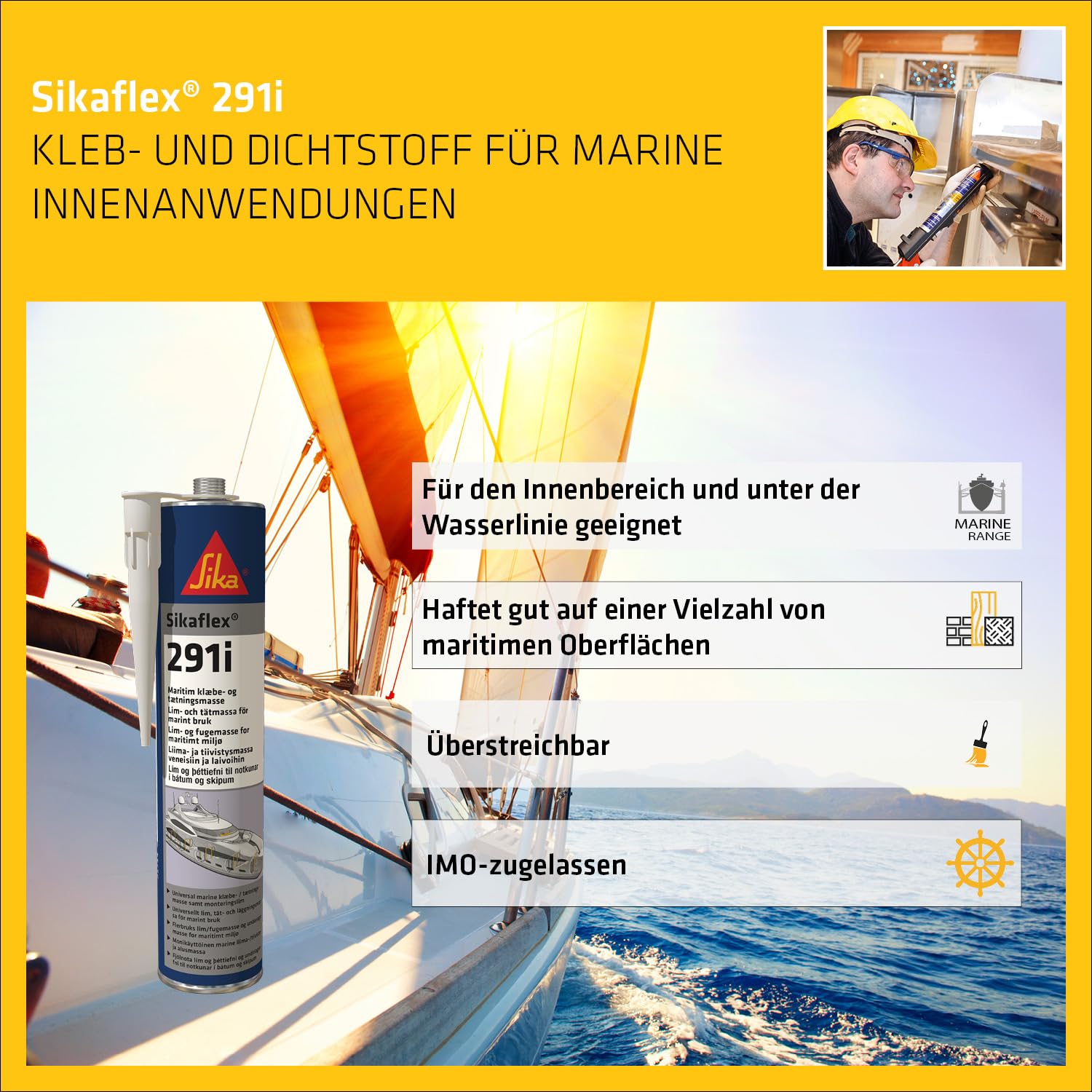 Thumbnail 2 de Sika Sikaflex-291i Schwarz – hochelastischer Dichtstoff für den Marinebereich, überlackierbar, 300 ml