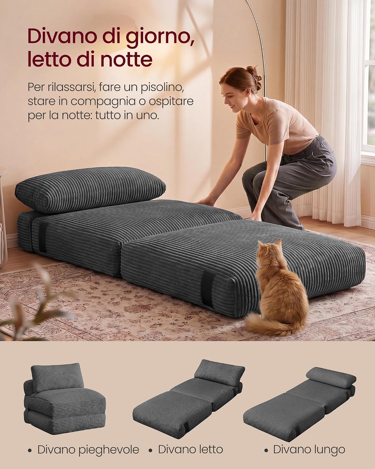 Thumbnail 3 de VASAGLE Poltrona Letto Pieghevole Camila LCS211G101 in velluto grigio piombo — 89x89x78 cm chiuso / 89x195x43 cm aperto