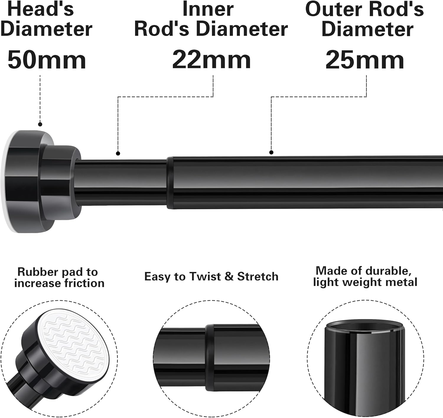 Thumbnail 4 de Stainless Steel Extendable Shower Curtain Rod Tension Pole (132cm-195cm) – Black