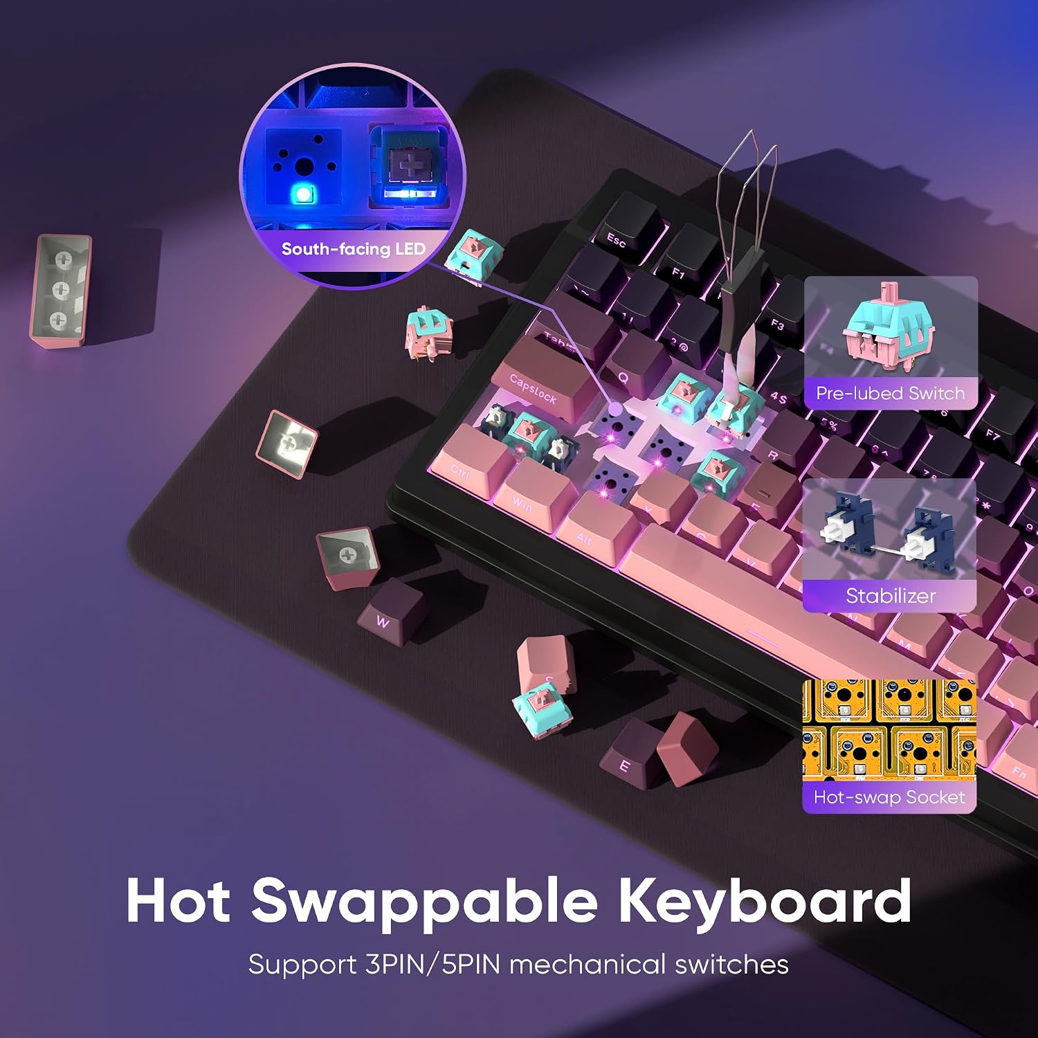 Detalle de RedThunder K95 Wireless Mechanical Keyboard with TFT Screen, Gasket Build, and Hot-Swap Pink Switches
