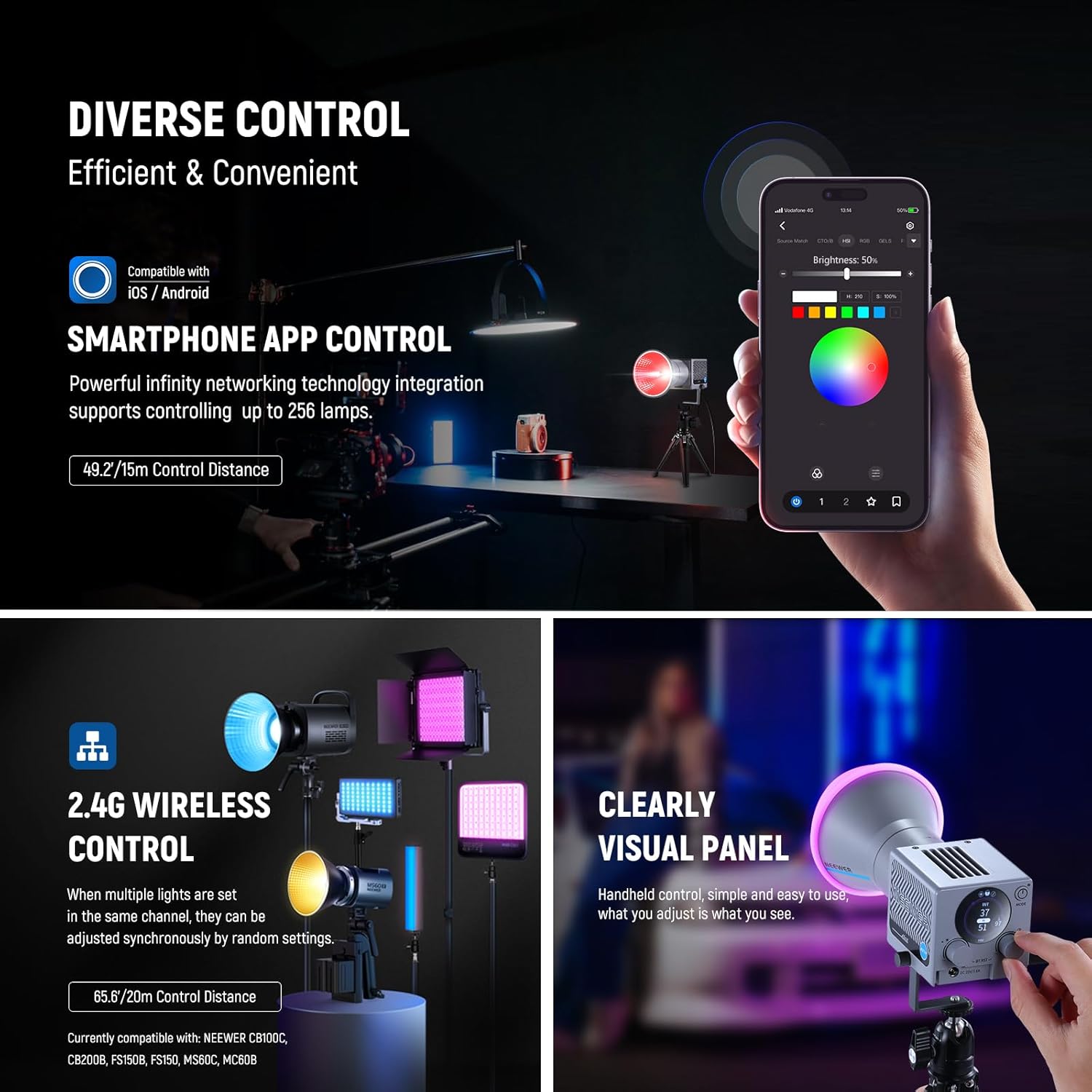 Thumbnail 4 de NEEWER HS60C – Mini vidéo light COB 60W RGB/BLANC, contrôle via APP/2,4G, 2700–6500K et CRI 97+