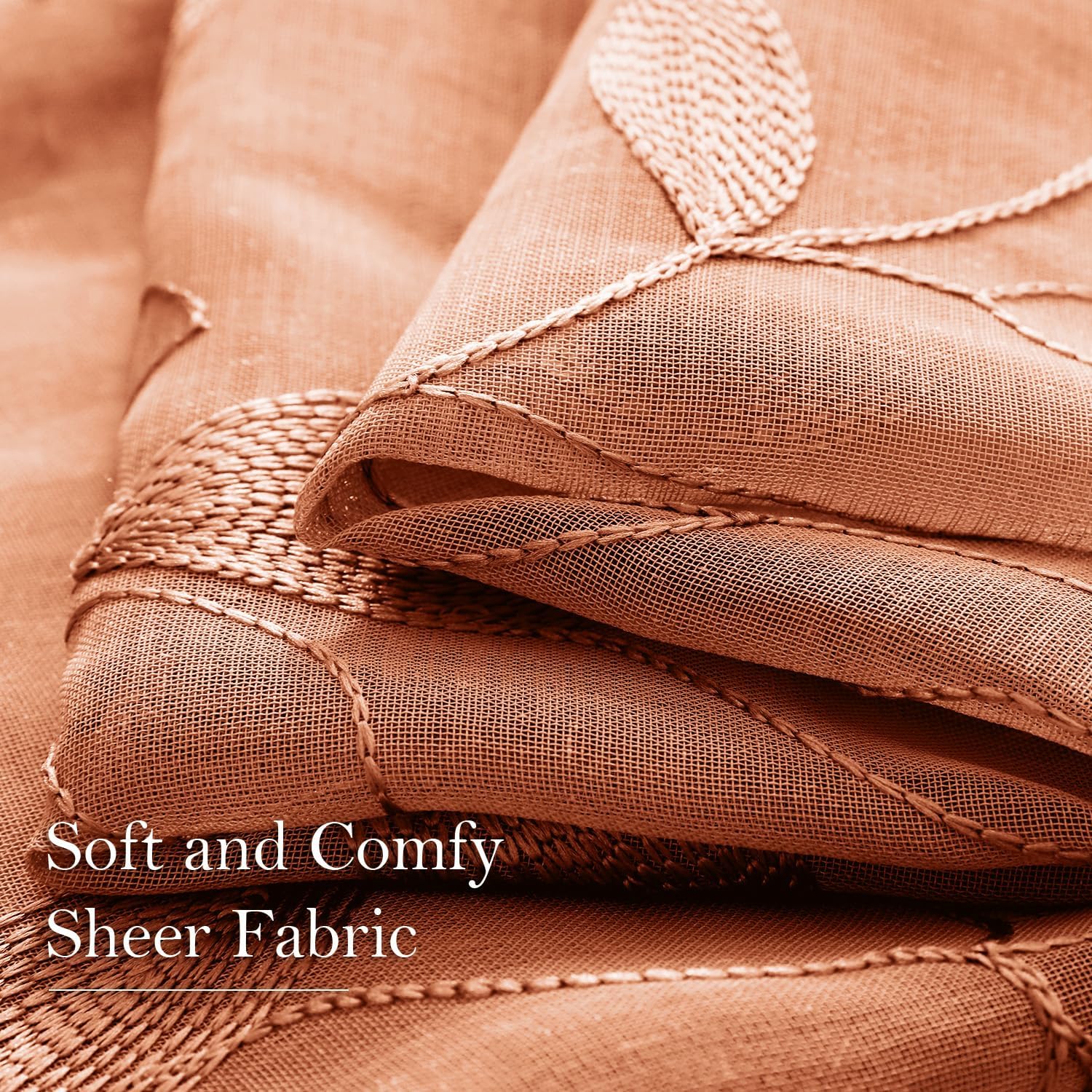 Thumbnail 4 de HOMEIDEAS Burnt Orange Sheer Curtains, Floral Embroidery, 52 x 63 Inches, 2 Panels