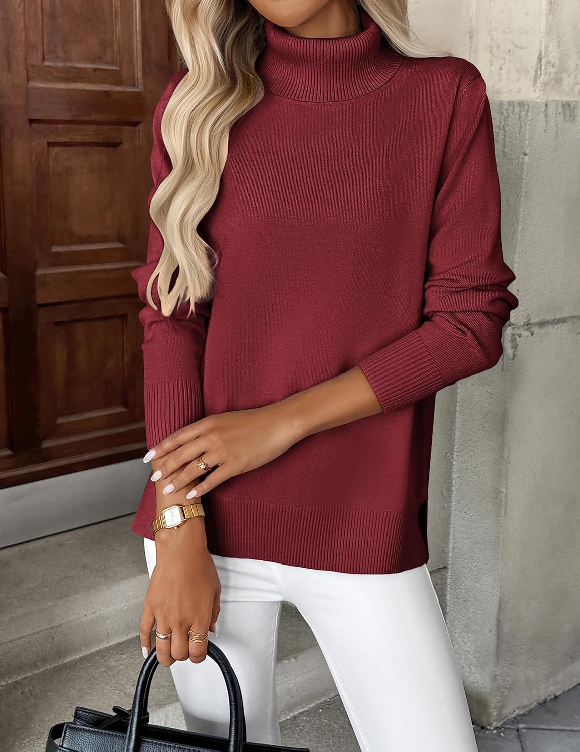 Detalle de Zeagoo Women's Turtleneck Sweater with Side-Slit Hem and Ribbed Cuffs