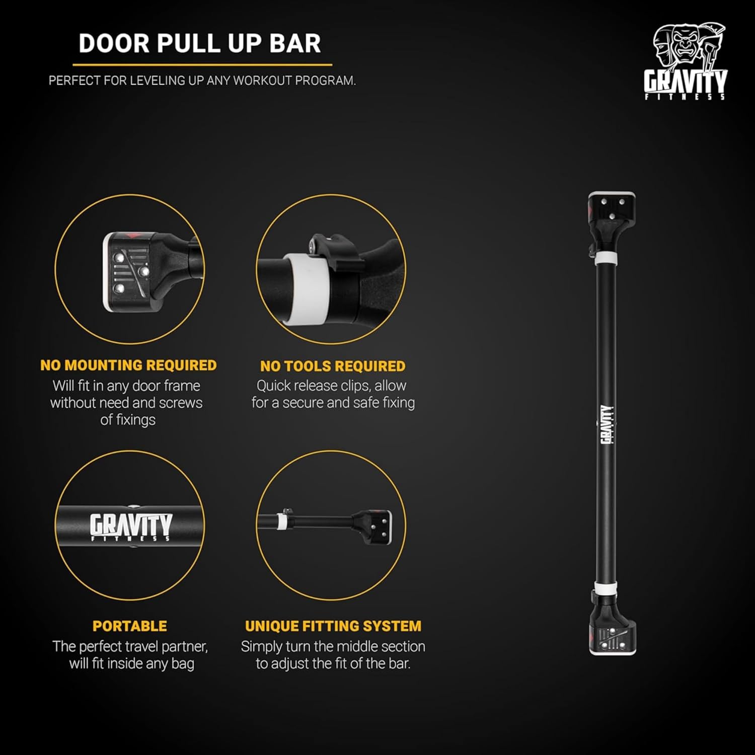 Detalle 2 de Gravity Fitness Pull-Up Bar for Doorway – Adjustable, No-Screws Installation